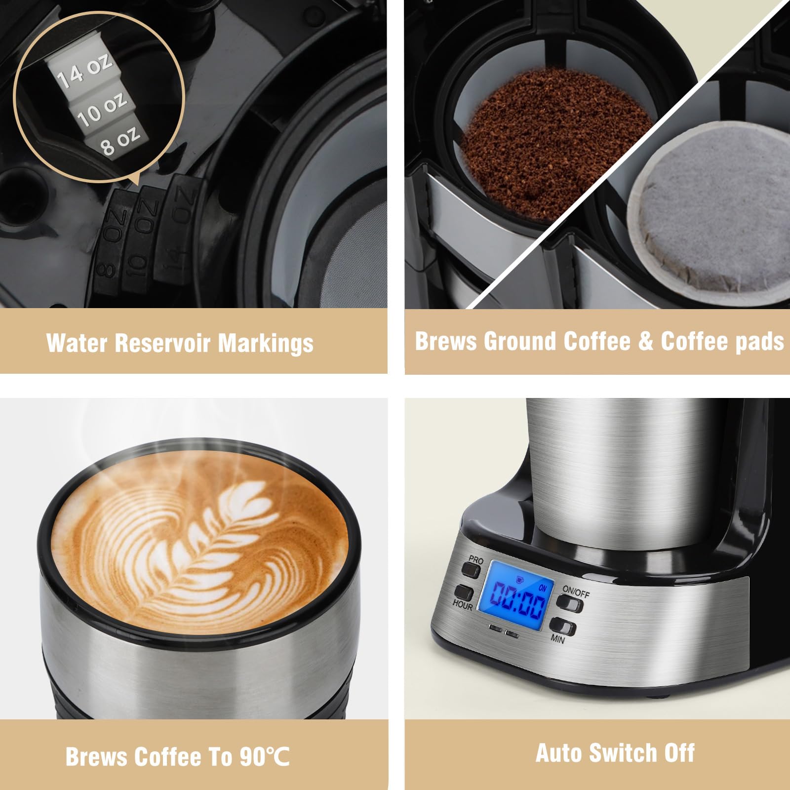 Aigostar - Cafetière Filtre avec 1 tasse isotherme Programmable 24h, Affichage LCD, Machine à café avec Gobelet de voyage de 420 ml et filtre à café réutilisable, 700W, Noir
