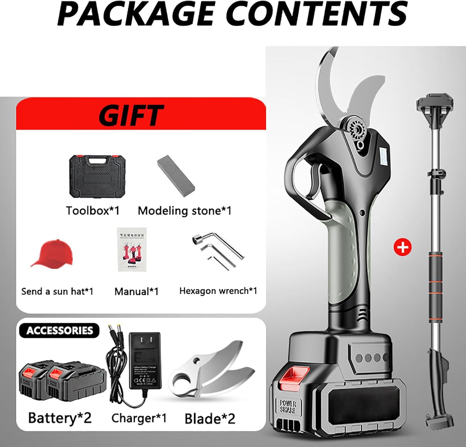 Cordless Pruning Shears,Electric Pruning Shears,with 2 Battery And 2m Extension Pole,for Pruning Gardening Fruit Tree Vineyard