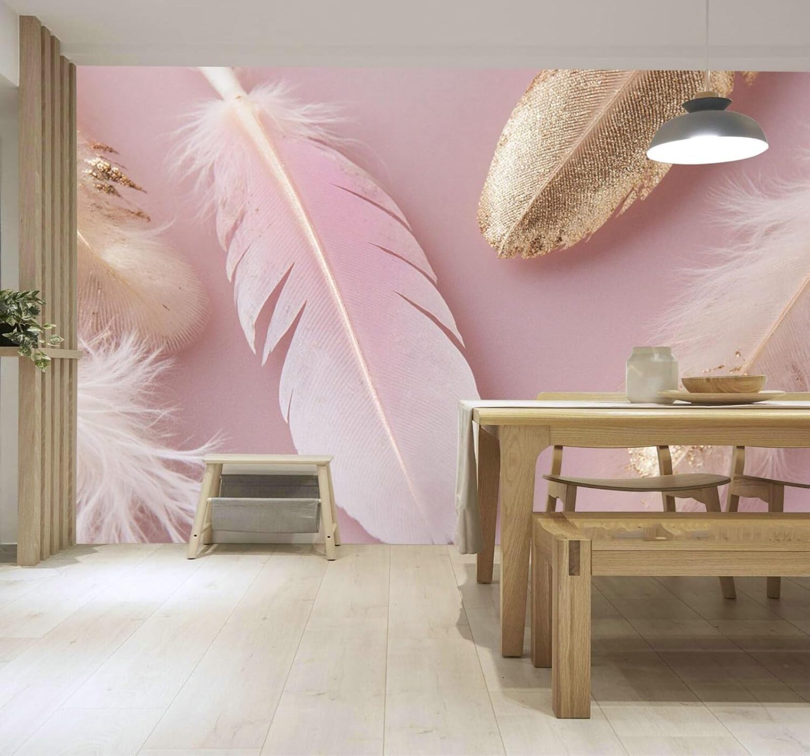 Xlming 200Cm×140Cm(B×H) Pink Gold Feathers Pattern Soft Pink Background 3D Wallpaper Silky Texture Home Study Office Grey Dining Room Sofa Bedroom Living Room Tv Backdrop-200Cm×140Cm