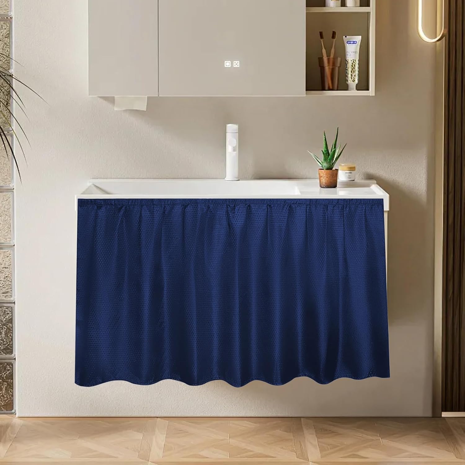 Fabric Sink Skirt Waterproof Self-Adhesive Bathroom Sink Skirt Diamond Stitch Design, 55 x 32 Inches, Adds Under Sink Storage (Dark Blue)