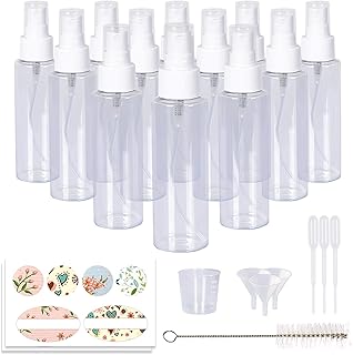 HWASHIN 12 Pack 3.4oz/100ml Clear Plastic Spray Bottles with White Fine Mist Sprayers for Essential Oils, Perfumes & Aromatherapy (Brush, Funnels, Droppers, Labels & 30ml Measuring Cup Included)