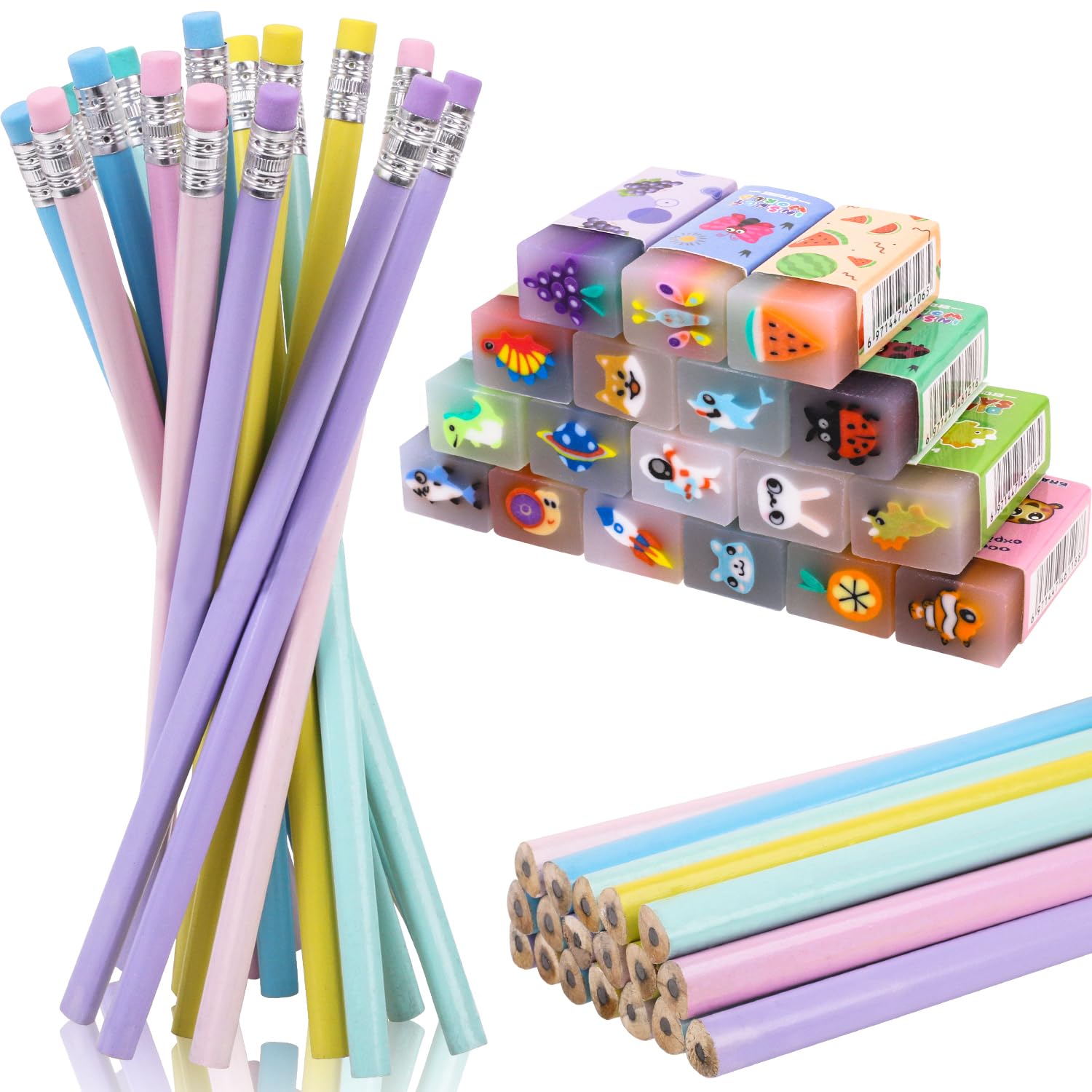 36 Piezas Lápices Infantiles con Borrador, Regalos para Cumpleaños Infantiles, 18 Borradores Divertidos 18 Lápices, Gomas de Borrar Divertidas para Niños y Niñas, Útiles Escolares