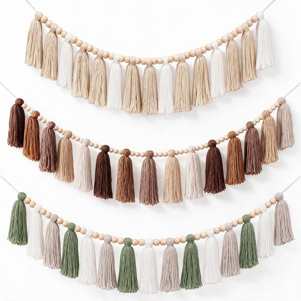 DrCor Fall Boho Tassel Garland, Set of 3 with Natural Wood Beads - Rustic