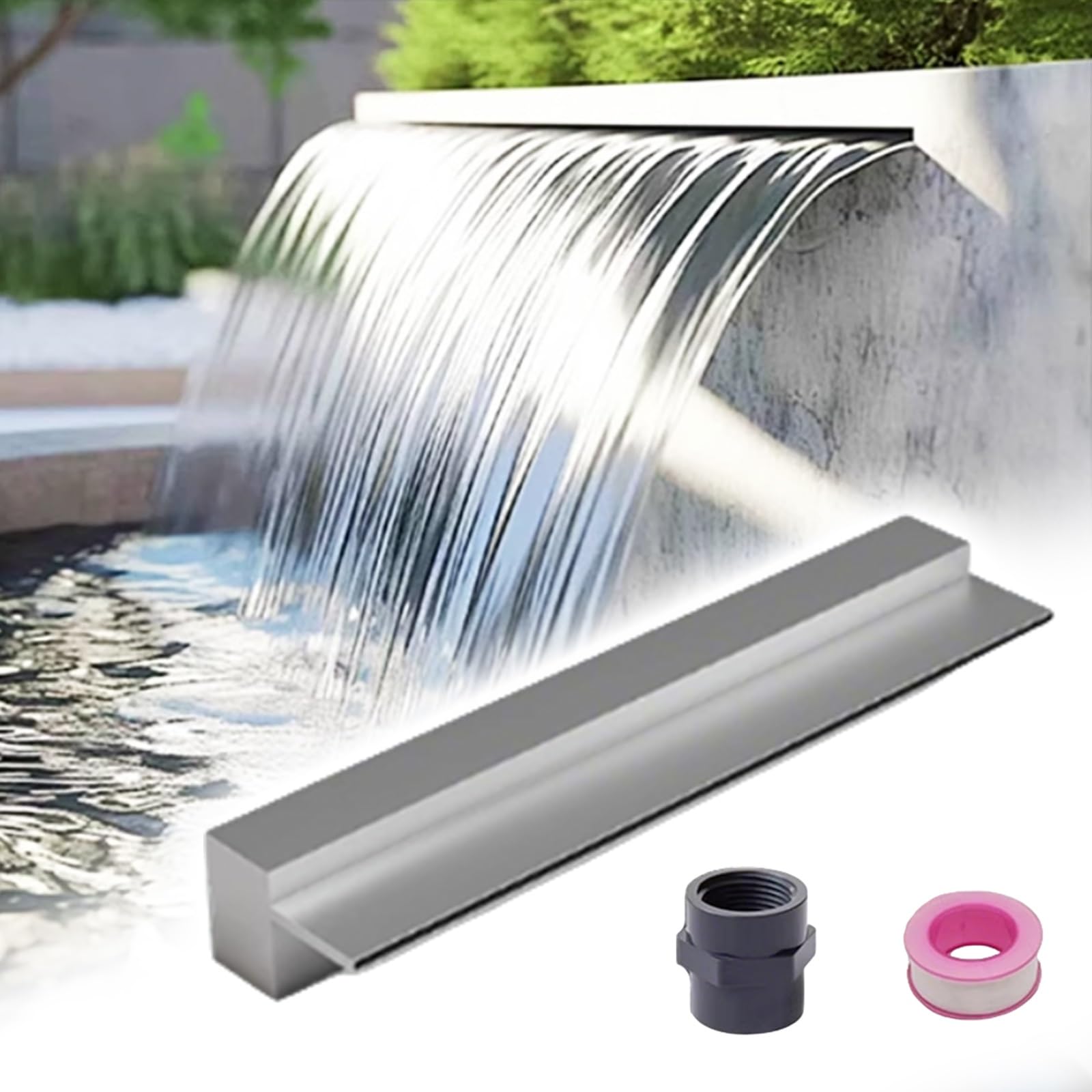Decorazione per flusso d'acqua in acciaio inox, 20/30/40/50/60/80/100/150/200 cm, cascata per giardino, patio, piscina, spa, per stagni all'aperto (argento 90 cm)