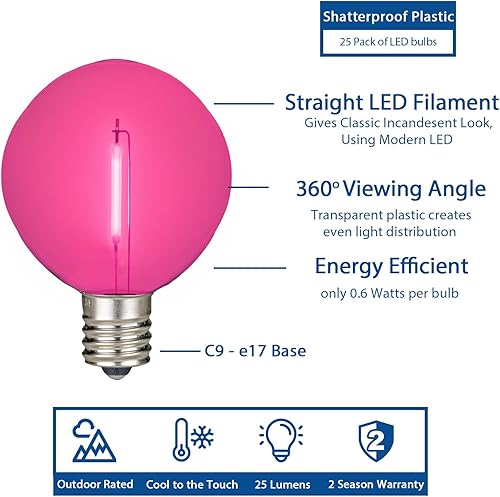 Miniatura 47 de Novelty Lights Paquete de 25 bombillas LED G50 de filamento blanco cálido, base intermedia E17/C9, equivalente a 7 W, bombillas de repuesto Blanco