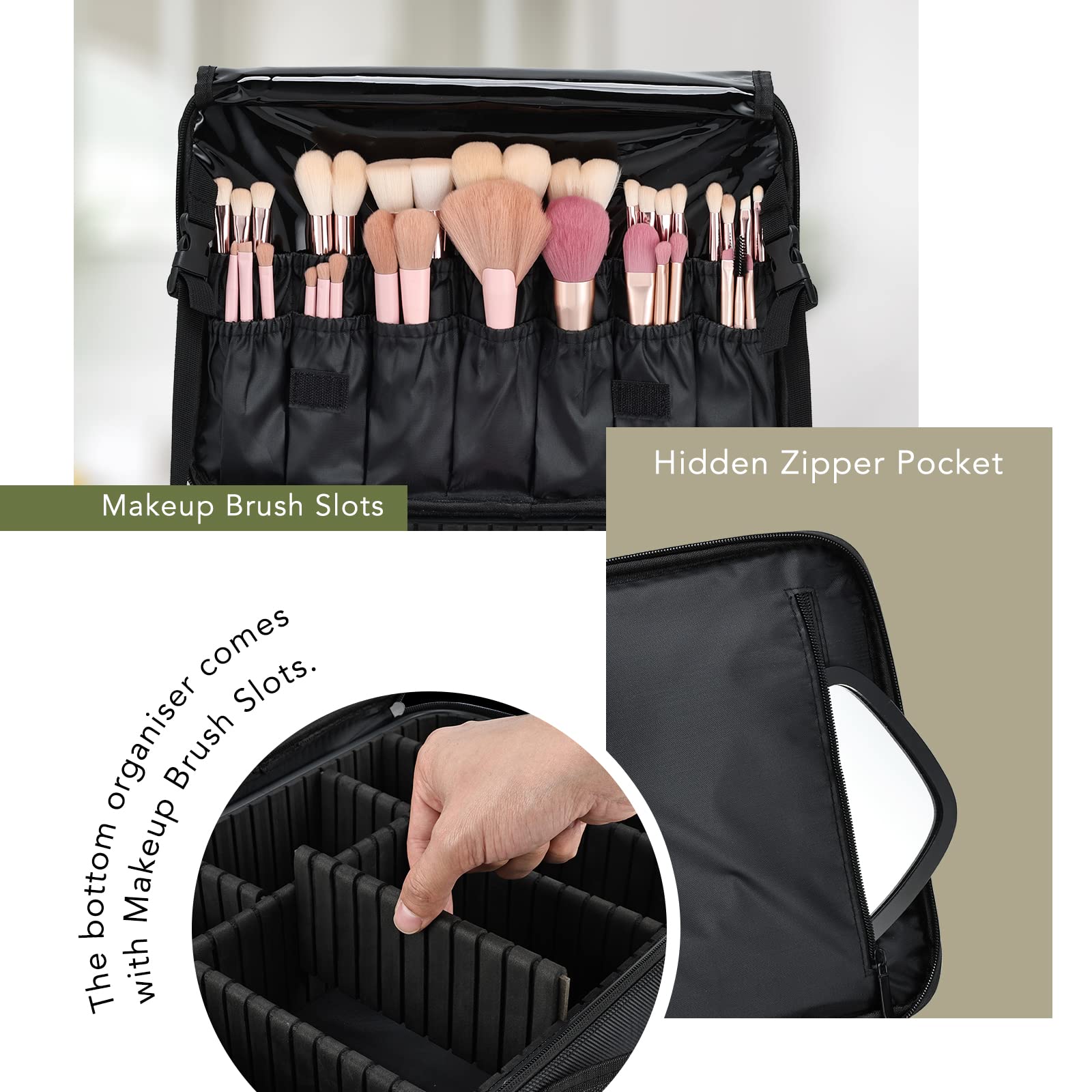 Joligrace Beauty case professionale in tessuto Oxford extra large con tracolla posteriore rimovibile, beauty box, strumenti da parrucchiere, organizer con specchio, Doubletiers Nero, Medium