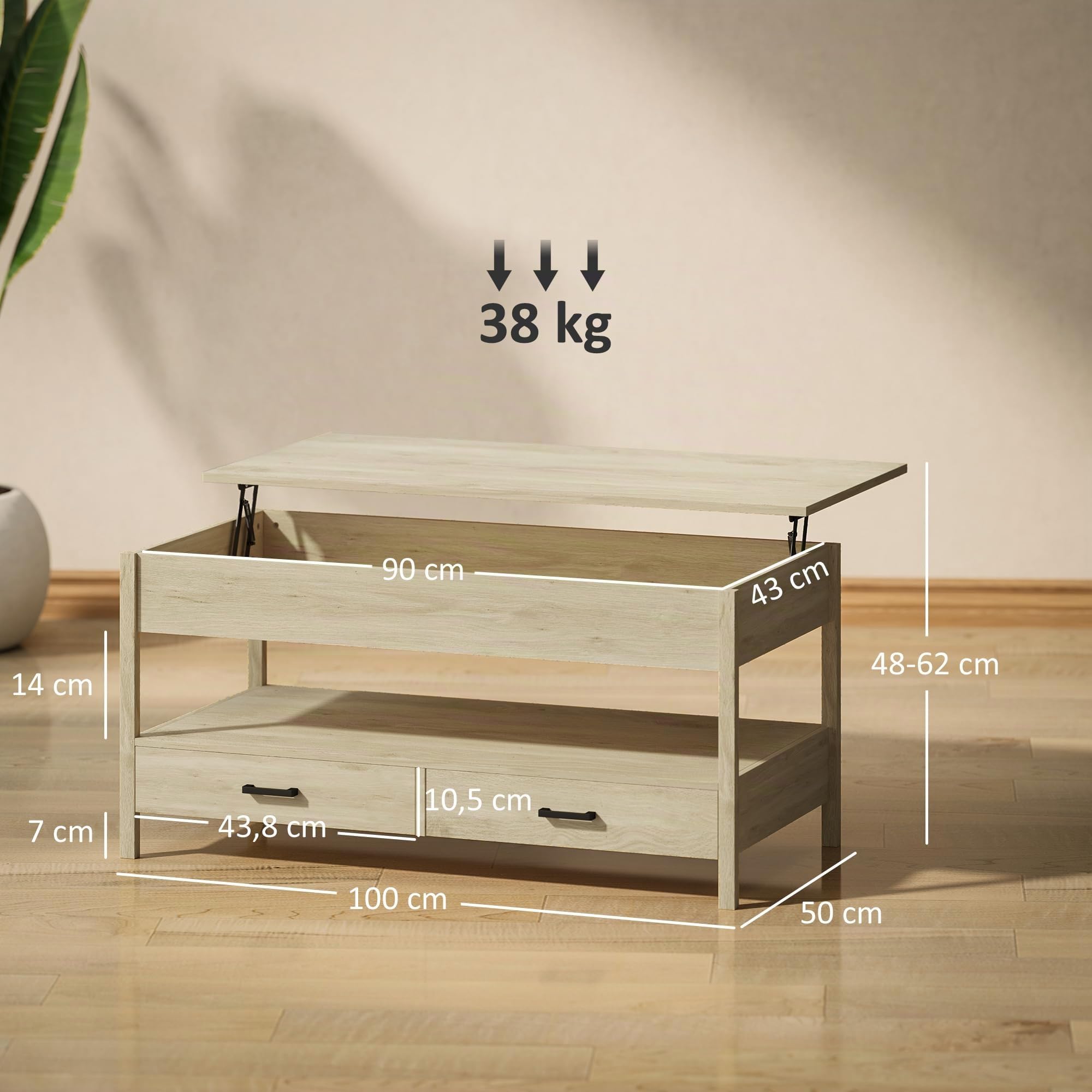 HOMCOM Mesa de Centro Elevable Encimera Elevable Cajones Roble | Mesa de Café, Espacio Oculto de Almacenaje, Estante Abierto, 100x50x48-62 cm