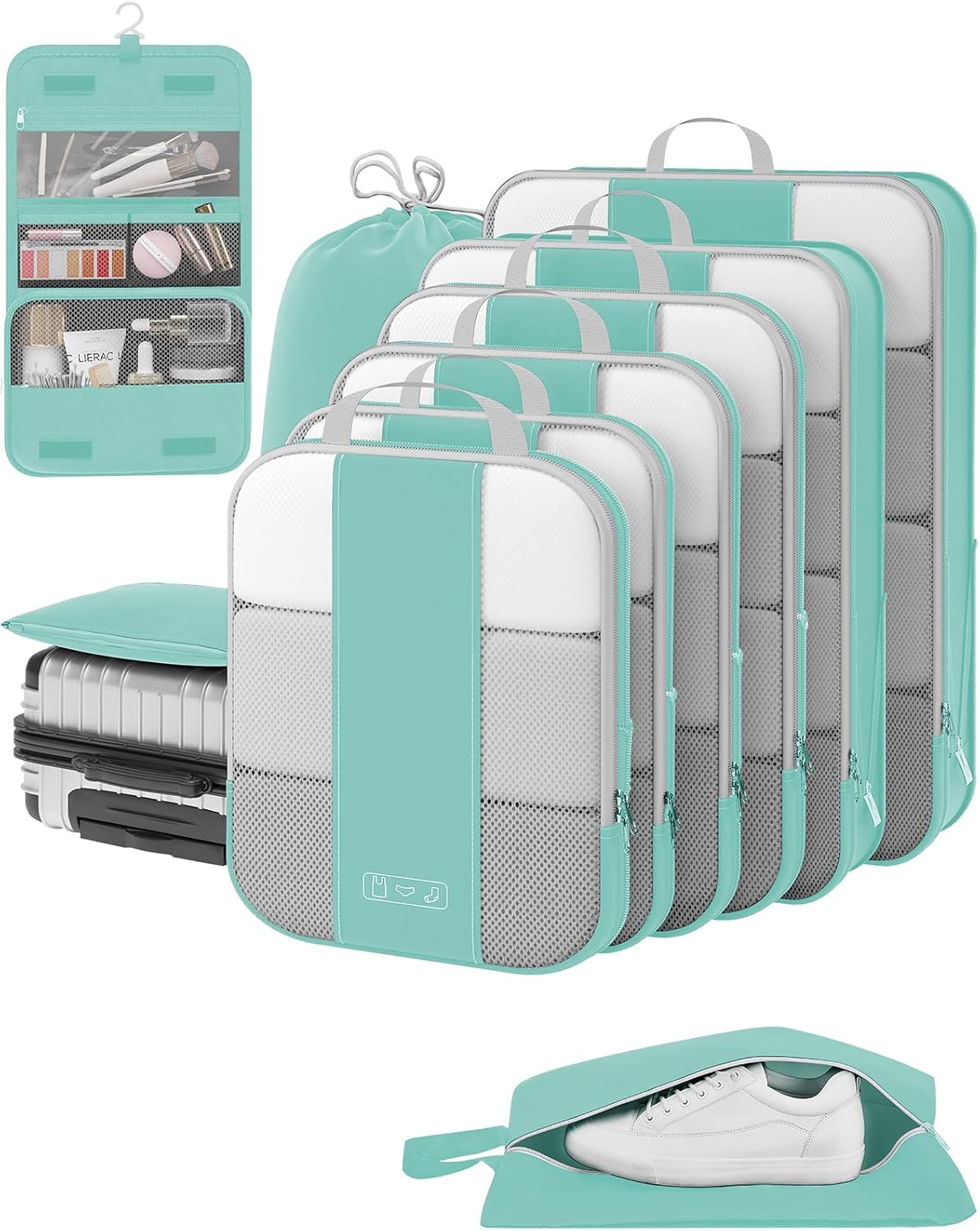 Travel Packing Cubes Set with Toiletry Organizer, 7 Piece Compression Luggage Organizers, Mint Green