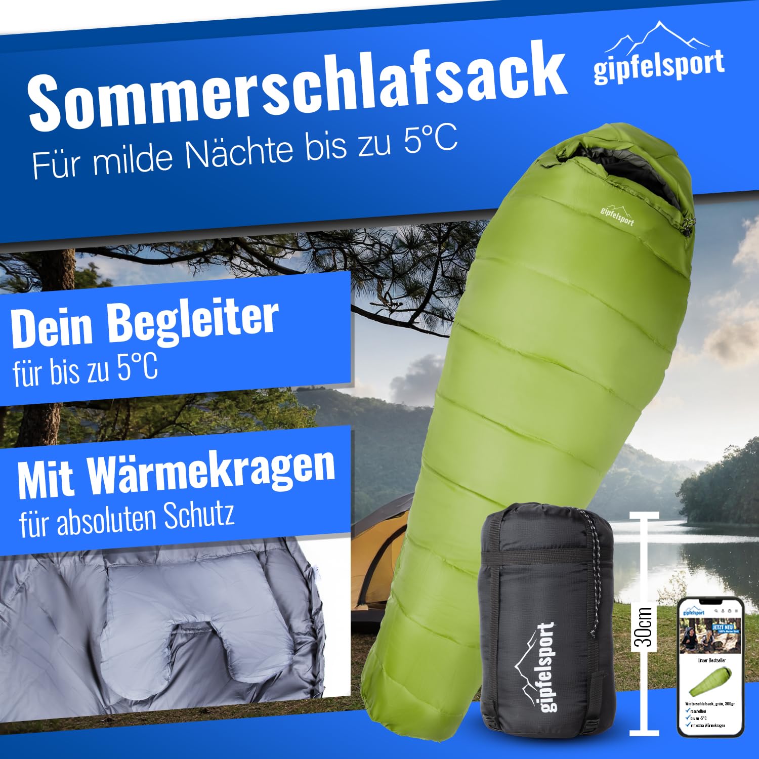 gipfelsport Sacco a Pelo - Sacco a Pelo Rettangolare per Outdoor con Borsa per Adulti e Bambini | per Inverno, Autunno e Primavera