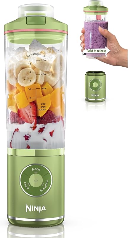 Licuadora portátil Ninja Blast Max, Twist & Go, 22 oz, verde, BC251GN1 | Recipiente extraíble Twist & Go de 22 oz. Programas Auto-iQ Crush & Smoothie, inalámbricos. Tapa a prueba de fugas, apta para lavavajillas.