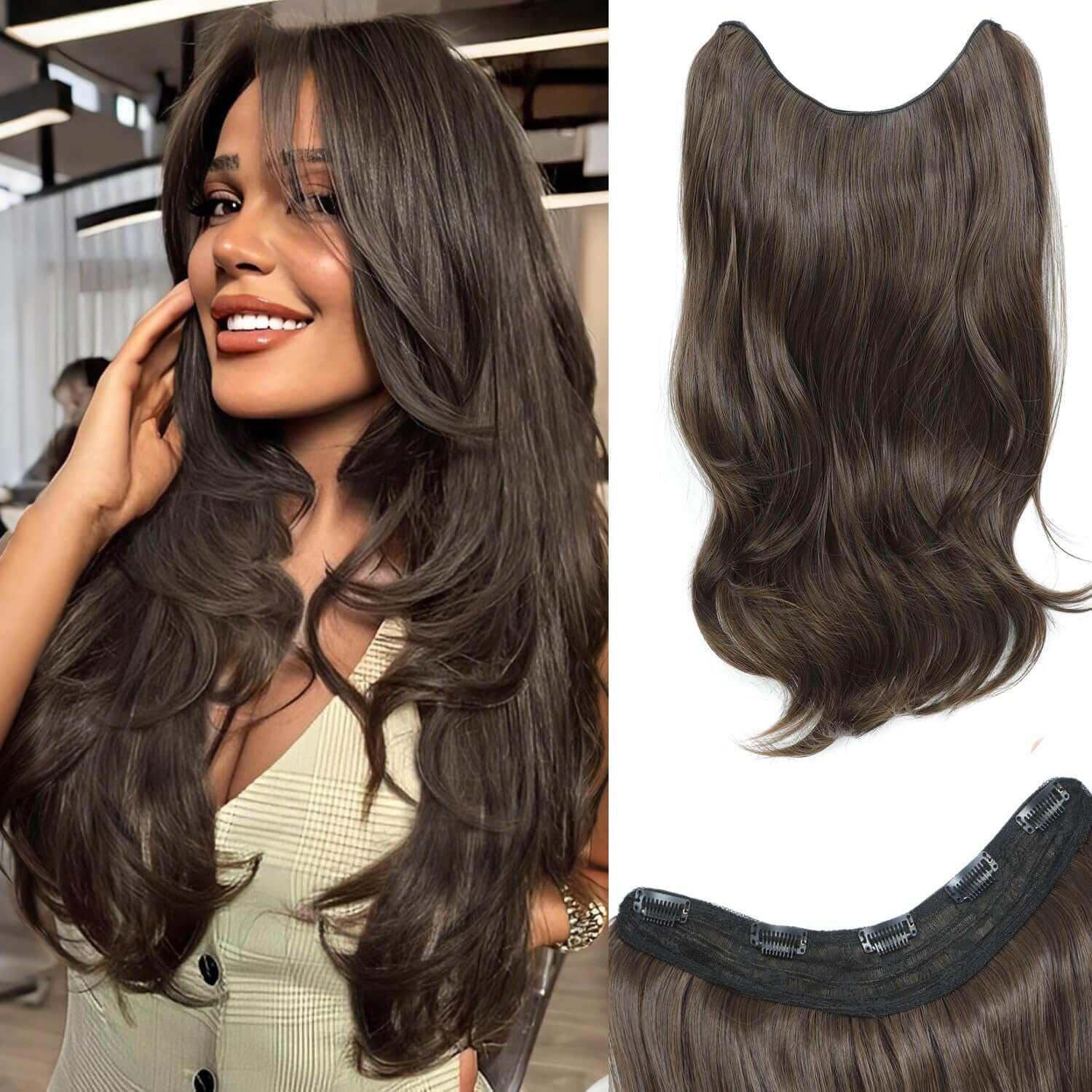 Ms taj Brown Hair Extensions Clip In V-Shaped Medium Brown Hair Extension 1PCS 20Inch Body Wavy Thick Natural Layered Full head for women with Dense hair to increase hair volume Beginner-friendly