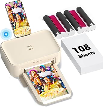 iDPRT 46 Photo Printer, Bundle 108 Sheets Photo Paper & 2 Ribbon Cassette, Photo Printer for iPhone & Android, Beige