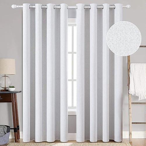 MIULEE Linen Texture 90 Inches Curtains for Bedroom 100% Blackout Thermal Insulated Greyish White Curtains Grommet Darkening Curtains for Living Room Nursery 52x90 Inch (2 Panels)