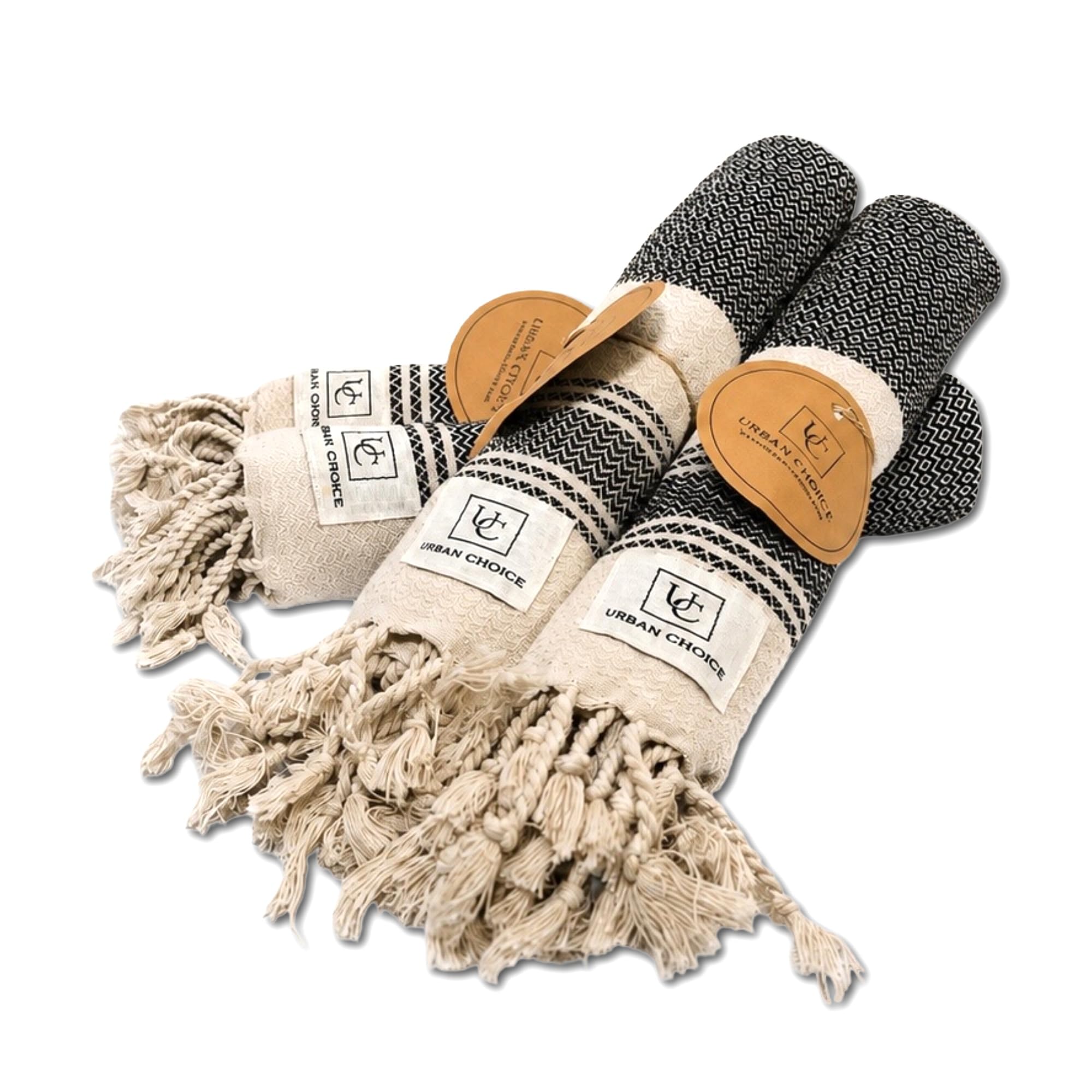 URBAN CHOICE Turkish Hand Towels with Hanging Loop(18" x 38"), Set of 4, Prewashed, Multipurpose Decorative Hand Towels for Bathroom,Hand,Kitchen,Face,Yoga,Gym,Tea (Black, Diamond - Pack of 4)