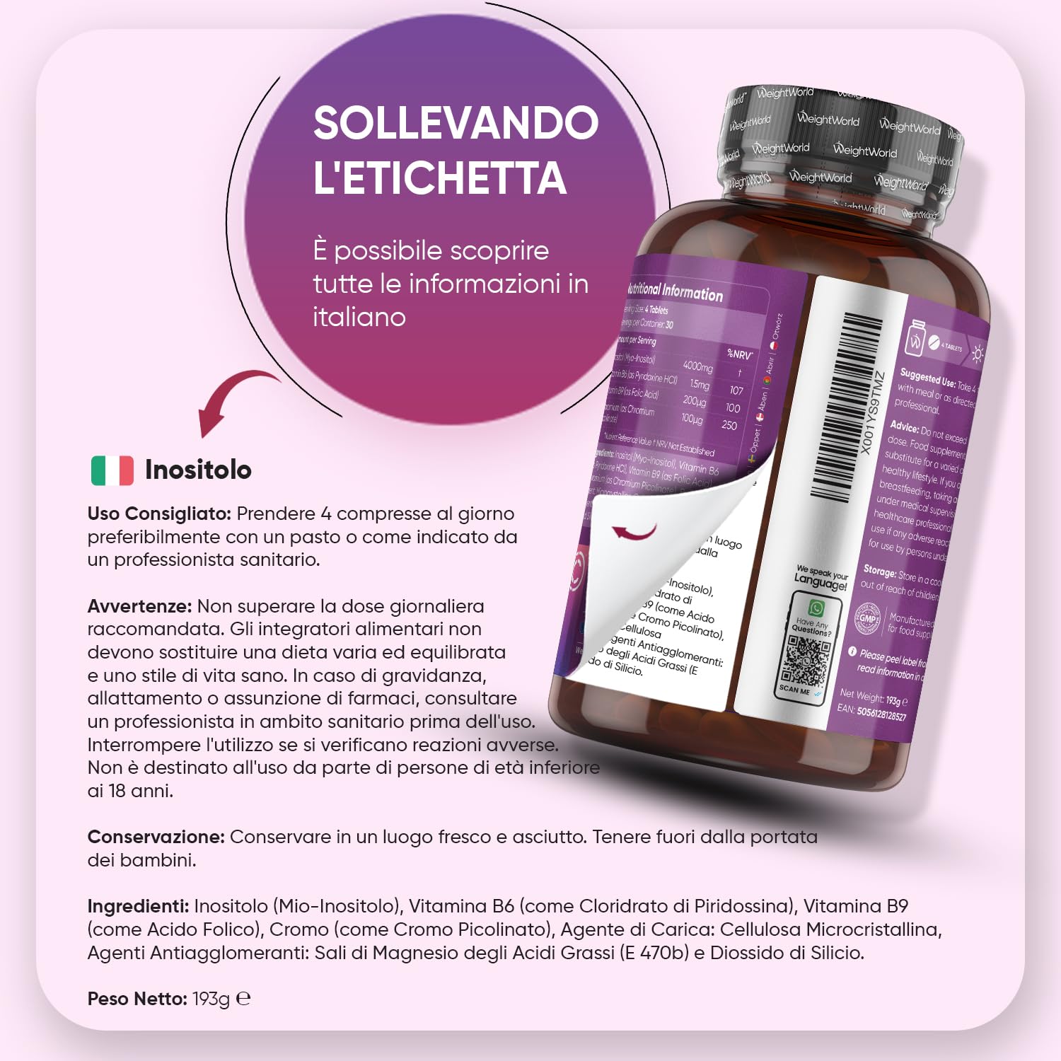 Myo Inositolo Vegano 4000mg, Inositolo Integratore con Acido Folico, Vitamina B6, Cromo Picolinato, la Vitamina B6 Contribuisce alla Regolazione dell'Attività Ormonale (EFSA), Senza Magnesio Stearato