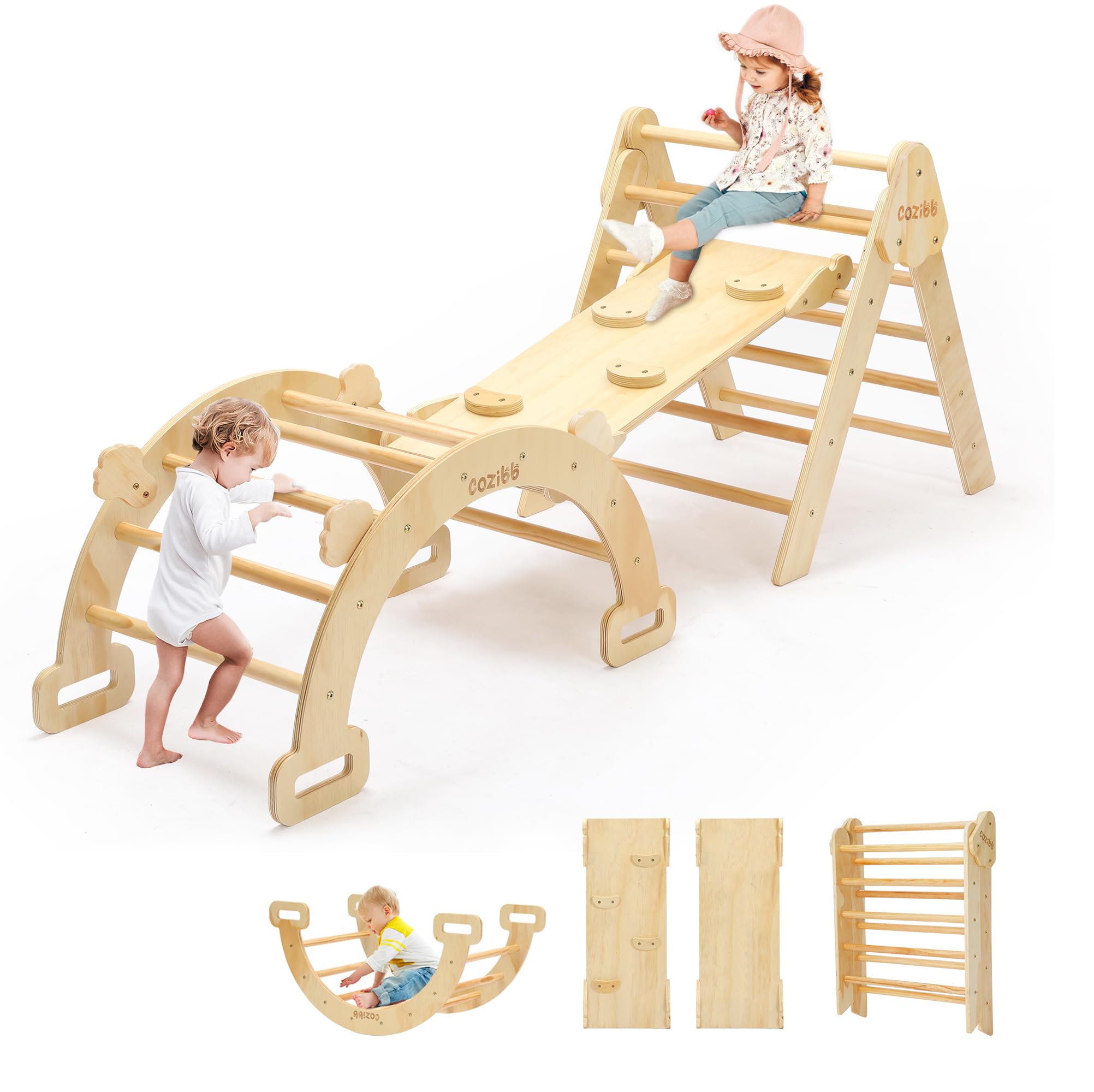 Pikler Triangle Set, 5 in 1 Wooden Montessori Climbing Toys Baby Indoor Playground Gym, Foldable Indoor Climbing Toys with Ramp, Arch Climber, Baby Climbing Toys for Toddlers 1-3 Inside