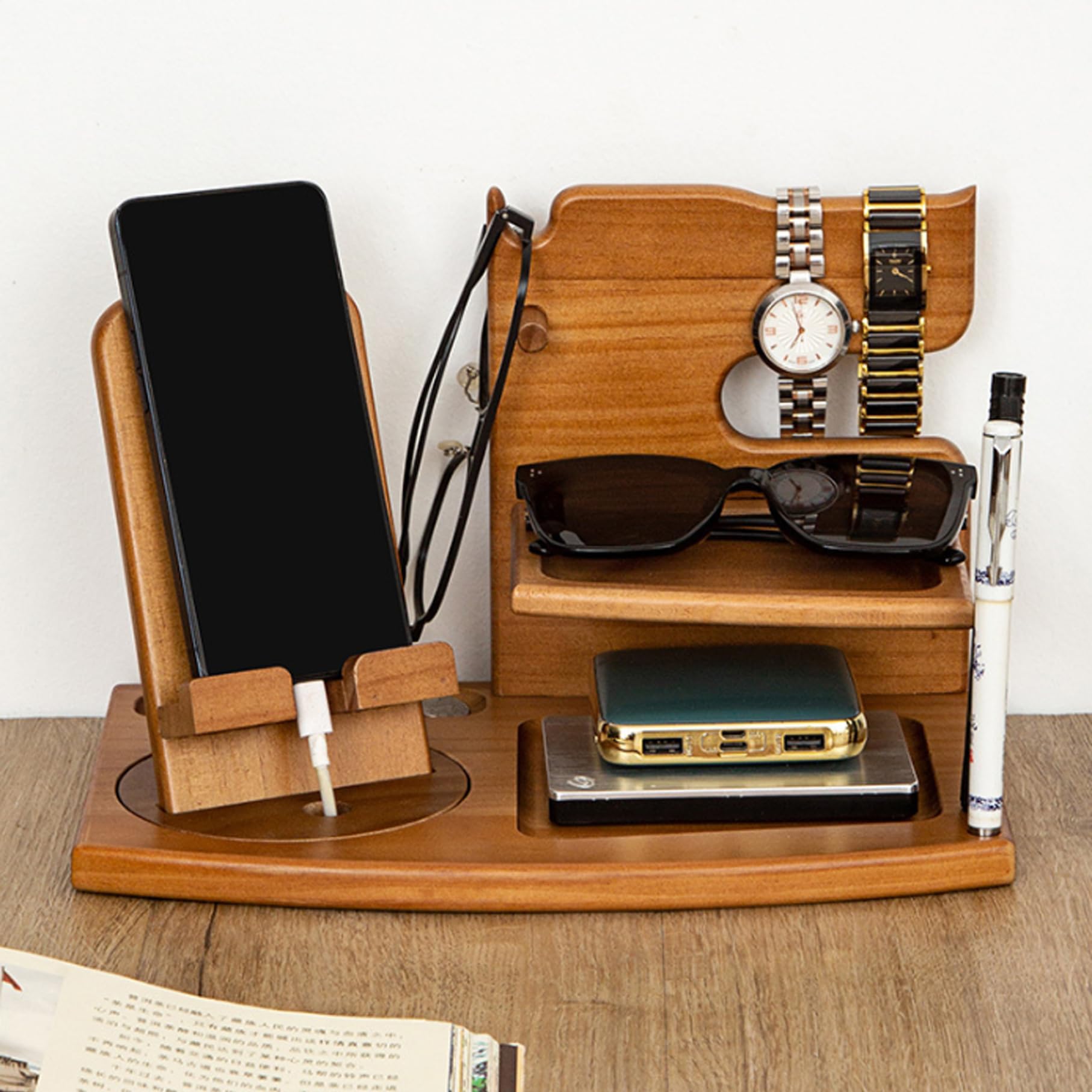Organiseur de table de chevet en bois pour homme avec support montre – Station d'accueil multifonction pour téléphone, table chevet, plateau rangement pour téléphone, lunettes, bijoux