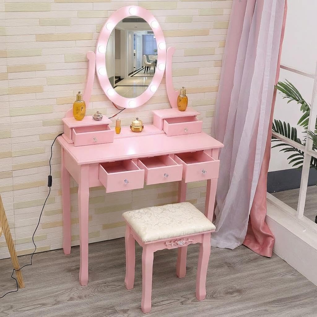GarveeHome Modern Pink Vanity Table Set with Oval Lighted Mirror – 5 Spacious Drawers – Adjustable 3 Lighting Modes – Makeup Dressing Desk with Cushioned Stool