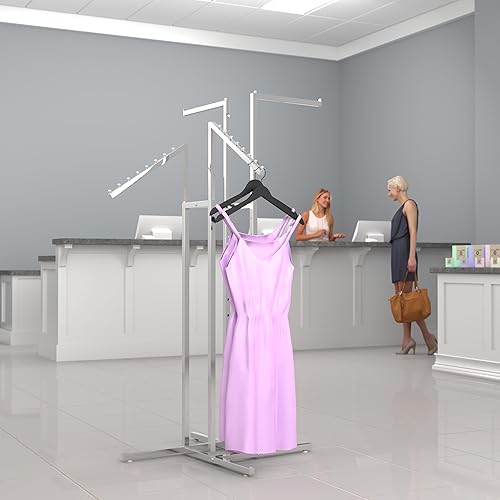 Miniatura 3 de Soporte para ropa Apto para tareas pesadas, cromado, cuatro lados, brazos ajustables, tubos cuadrados, perfecto para visualización en tiendas de