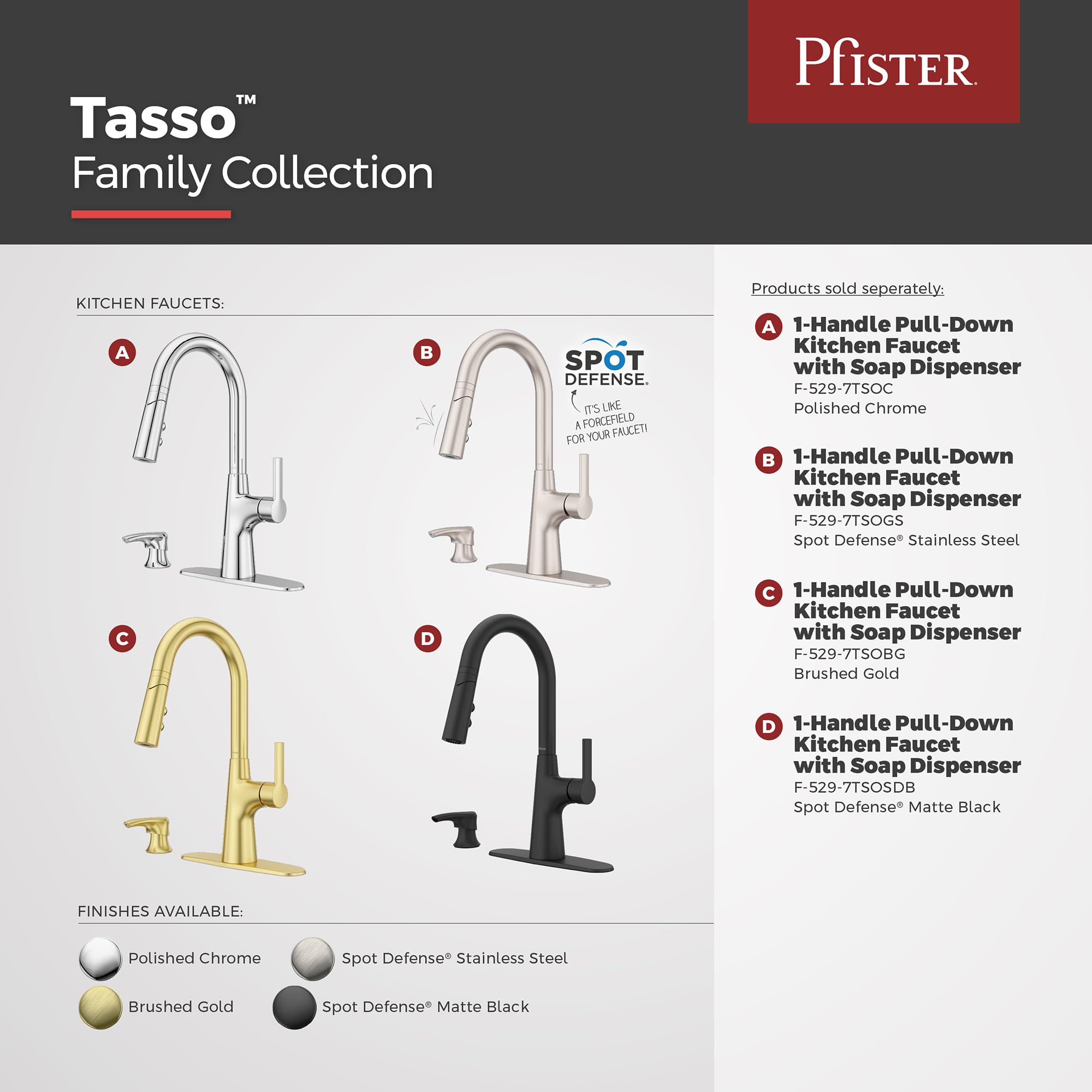 Pfister Tasso F5297TSOBG - Grifo de cocina con pulverizador extraíble y dispensador de jabón, mango único, arco alto, acabado dorado cepillado