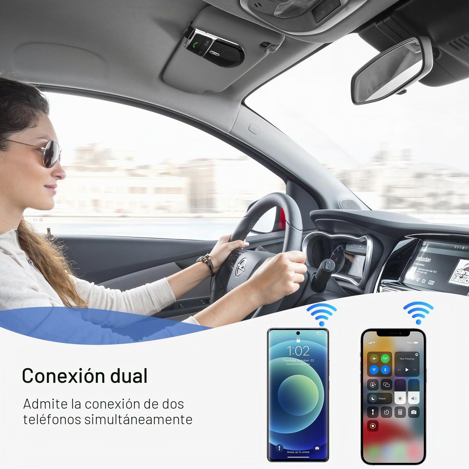 Manos Libres Coche 5.0,Soporte Siri y Asistente,Encendido Automático,Indicaciones de Voz,Música,Manos Libres Coche Bluetooth Conexión de 2 Teléfonos Simultáneamente con Clip de Visera-BC920SA