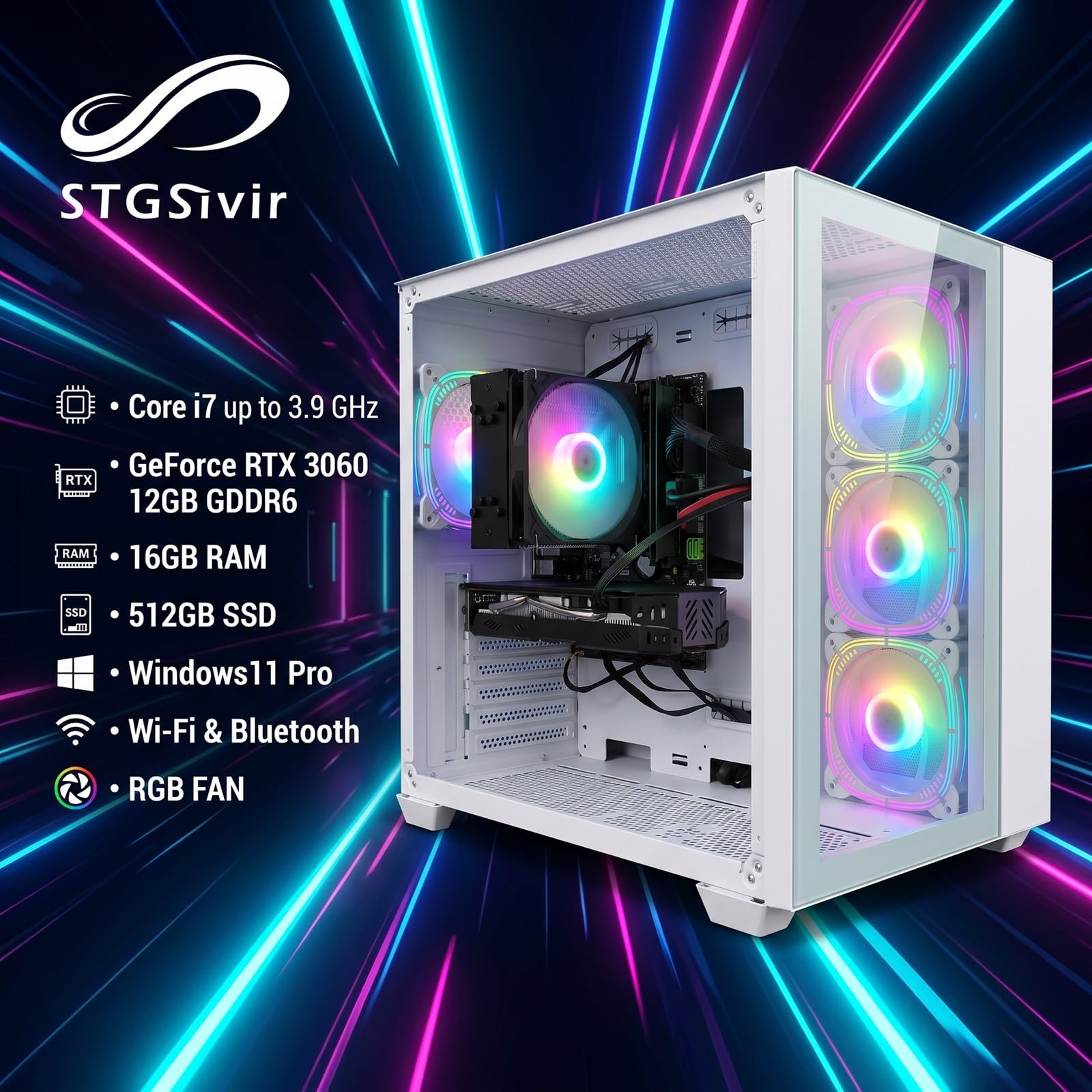 STGSivir PC Gaming Fisso, Core i7, RTX 3060 12G, 16G RAM, 512G SSD | Computer Gaming per Streaming, Editing Video, Compiti, fino a 3.9 GHz, WiFi 6, BT 5.0, 4K,HDMI,DP, Win11 Pro, Case ARGB