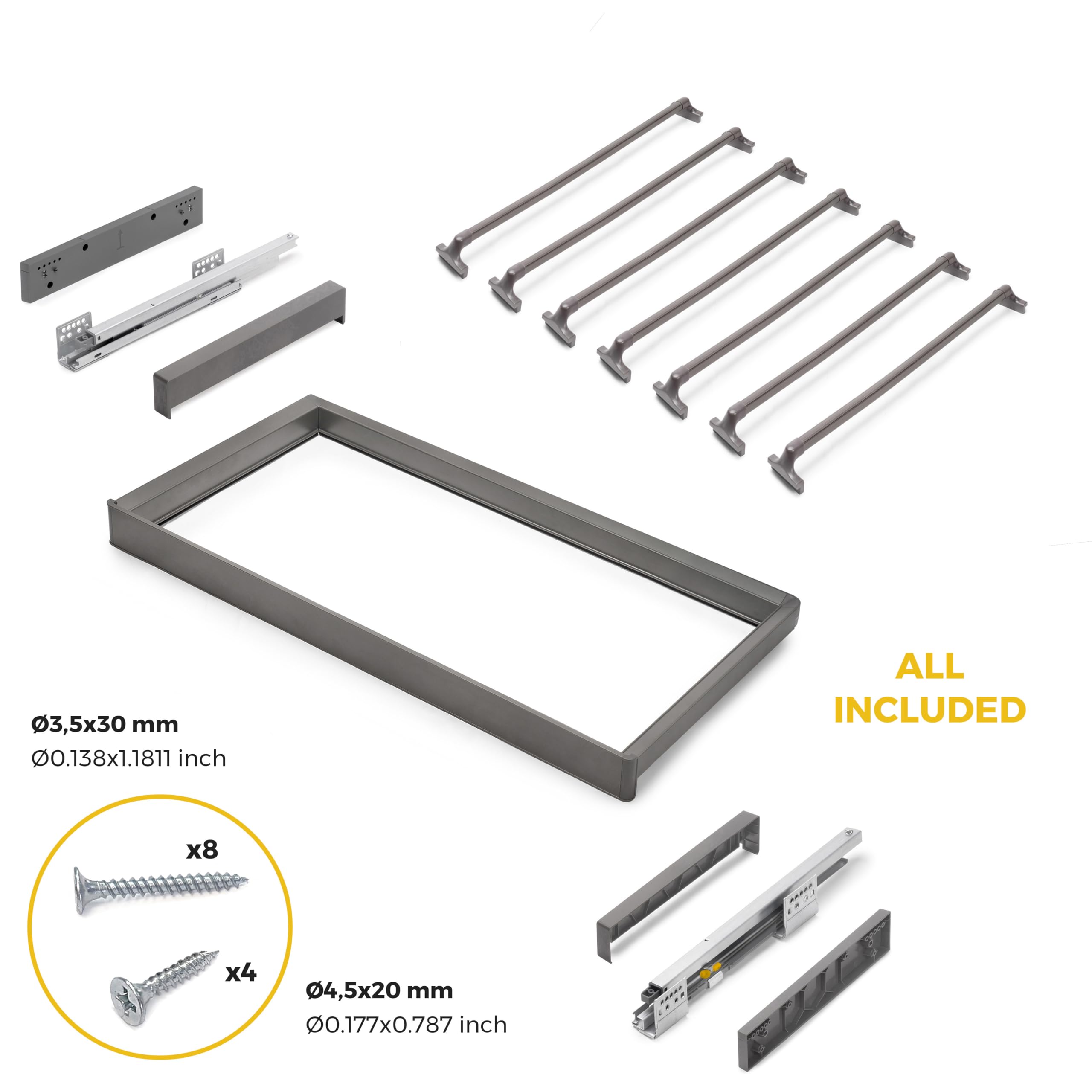 Emuca - Kit de porte-pantalon à 7tringles et rack ajustable Quartz pour armoires, glissières extension totale et à fermeture douce, Module 90cm, Finition Titane
