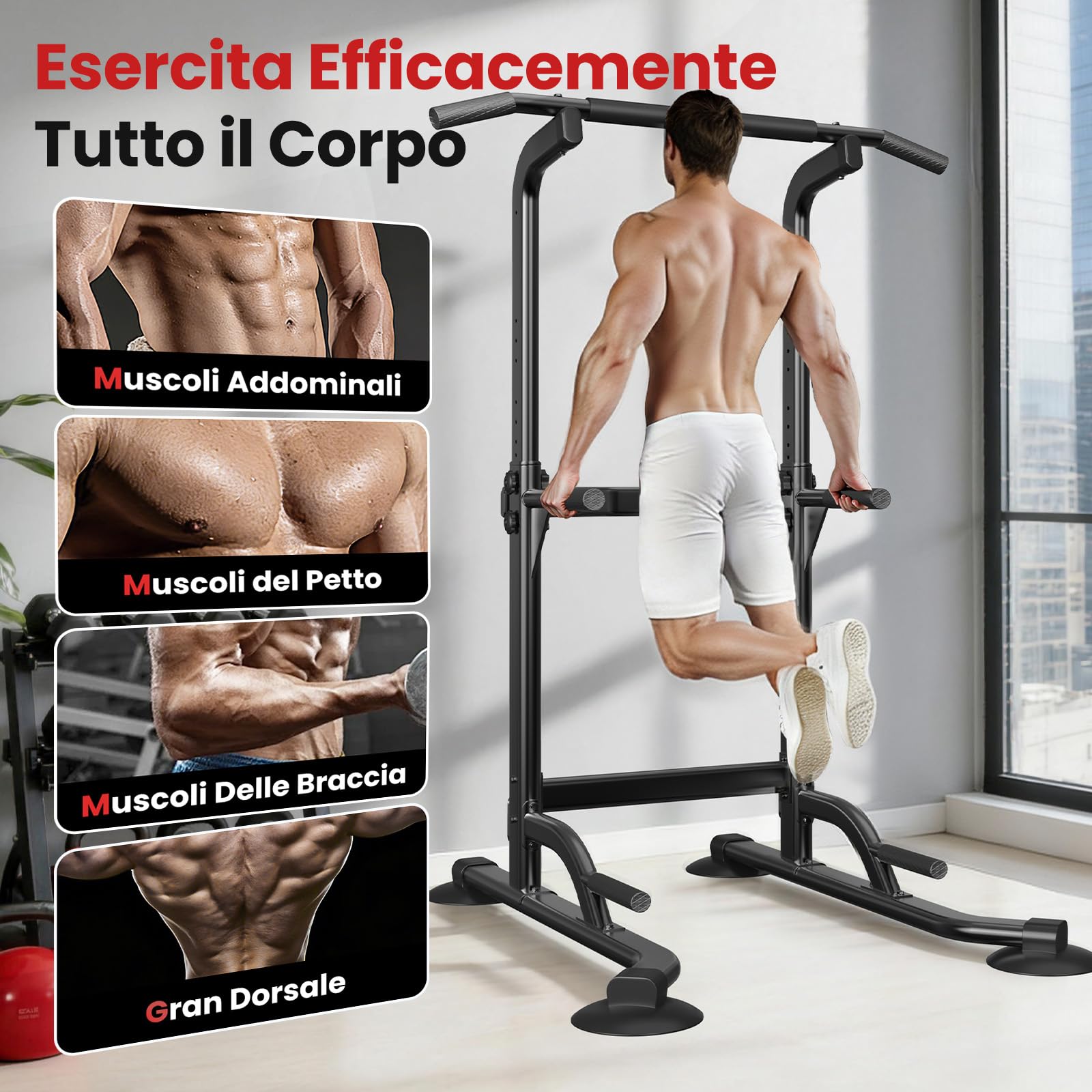 Dskeuzeew Power Tower Dip Station - Palestra multifunzione da casa con barra per trazioni e sedia romana, regolabile in altezza
