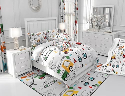 Miniatura 6 de Feelyou Juego de ropa de cama de construcción, tamaño individual, juego de edredón de dinosaurio de la selva, equipo de camiones, juego de edredón