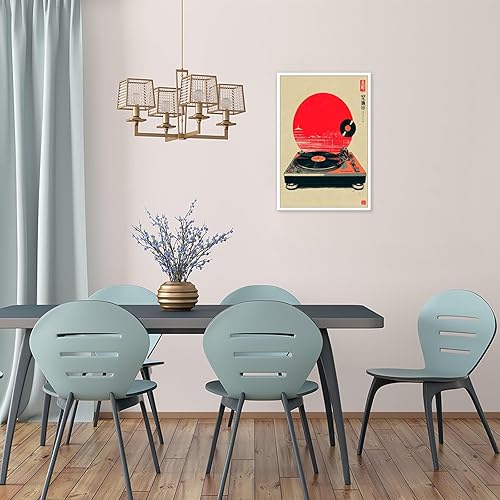 Miniatura 5 de Bizabud Póster de música retro japonesa de vinilo en lienzo, arte de pared, arte de pared vintage asiático Ukiyo-E con sol rojo, impresiones