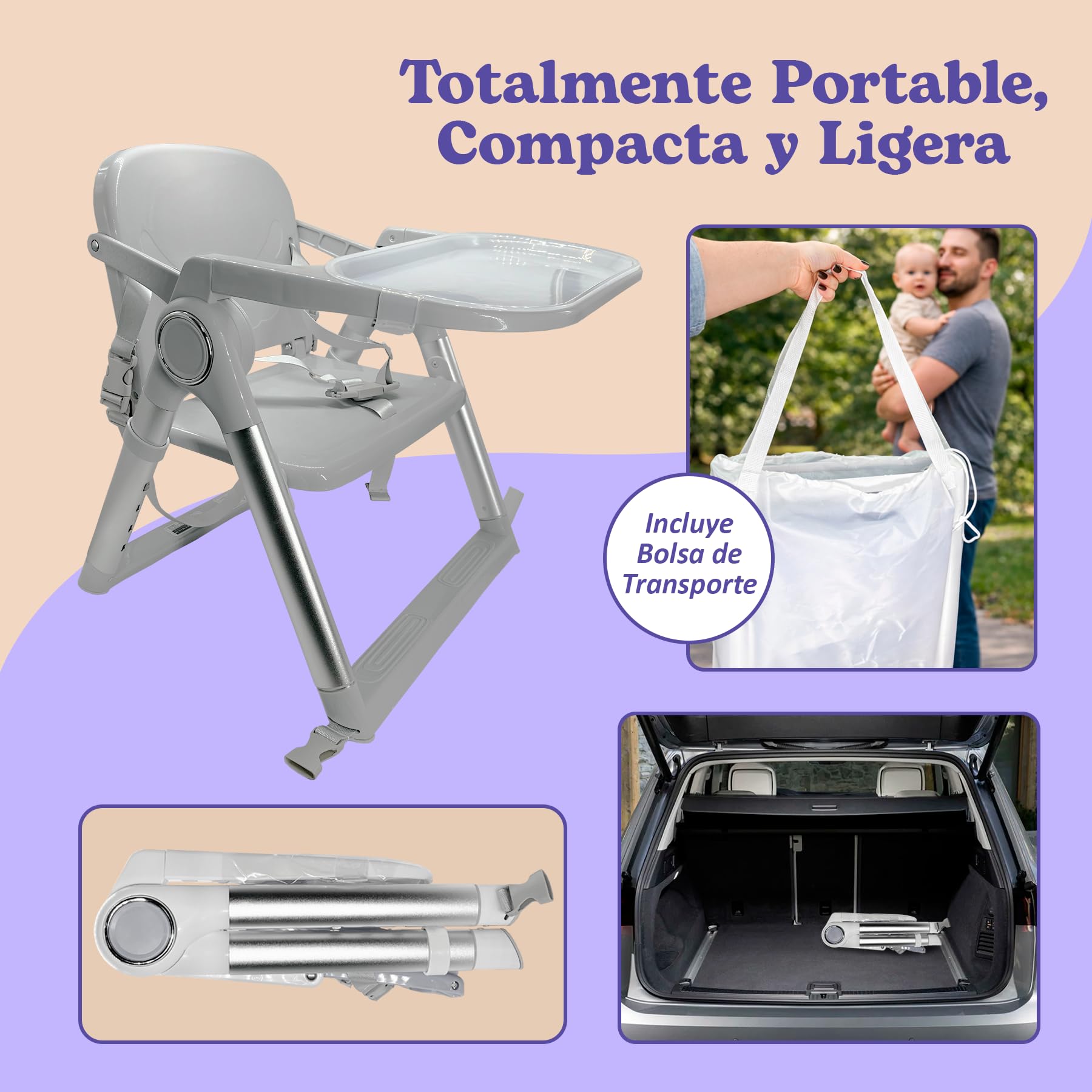 Trona Portátil Plegable Premium para Bebé 2 en 1, Elevador de Silla con Correas de Fijación, 4 Alturas, Bandeja Extraíble, Bolsa de Transporte, 6-36 Meses, hasta 15 kg (GRIS + PLATA)