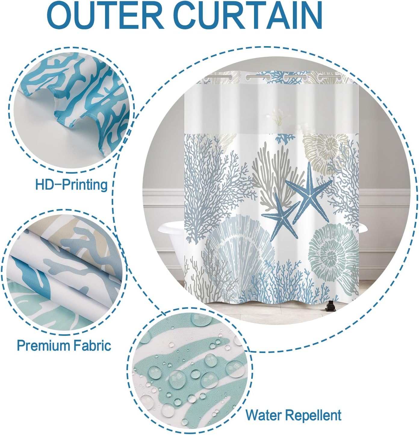 DASHAN No Hook Shower Curtain with Snap in Liner, Blue Nautical Coastal Shower Curtains for Bathroom, Tropical Beach Ocean Starfish Bathroom Curtains Hotel Fabric Bath Curtain 71"x74"