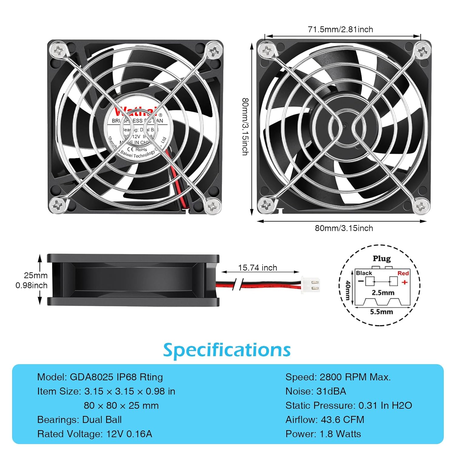 Wathai 2PCS IP68 80mm x 25mm 12V Waterproof Cooling Fan High Airflow Dual Ball DC 12v Exhaust Fan 2Pin for DIY RV Fridge Refrigerator Solar Battery Box Cabinet Ventilation Cooling