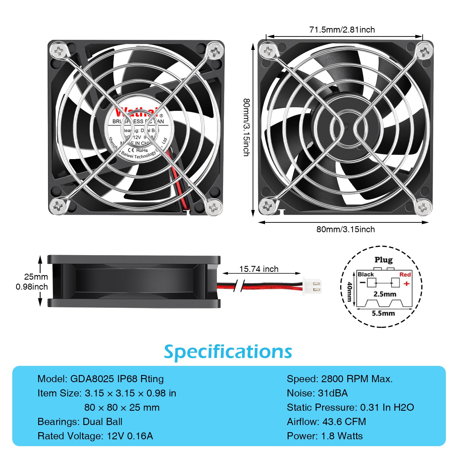 Wathai Lot de 2 ventilateurs de refroidissement étanches IP68 80 mm x 25 mm 12 V CC 12 V