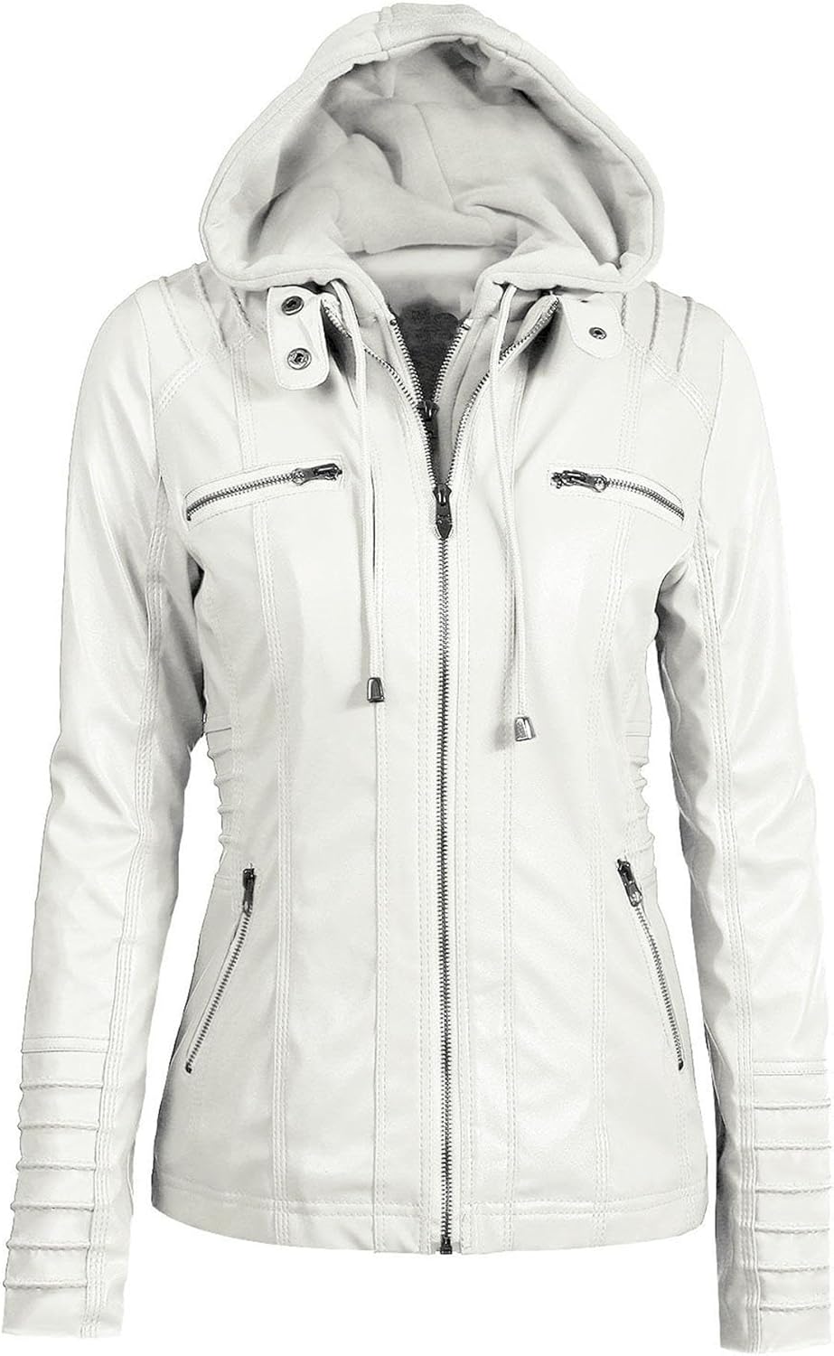 Women's Hooded Faux Leather Biker Jacket Stylish Warm Moto Fall Winter Coat Jacket Full Zip Solid Casual Cropped Coats