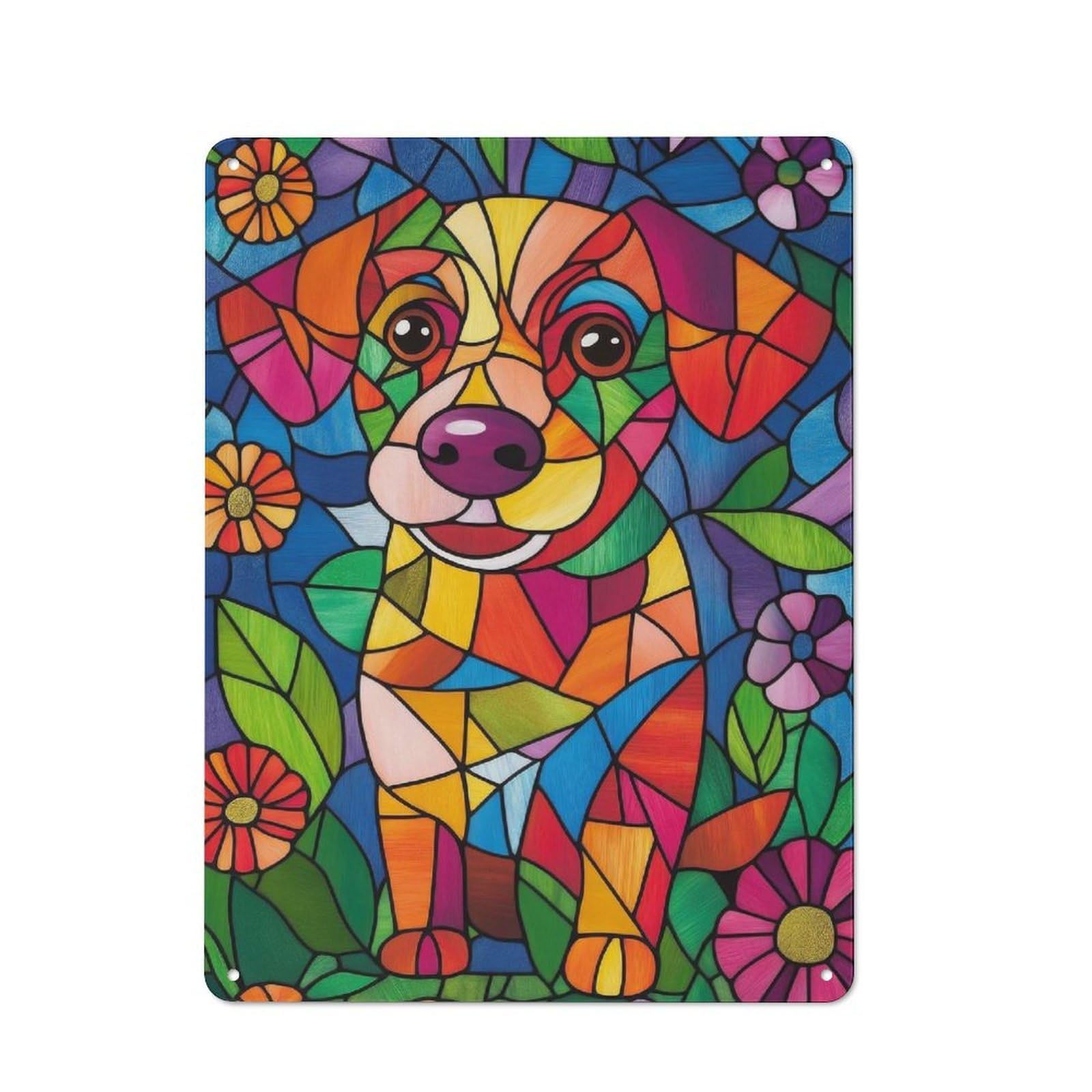 Junmoney Stained Glass Puppy Metal Sign 40X30cm With For Workshop Wall, Vintage Decor, A Decorative Christmas Gift For Metal Sign Collectors