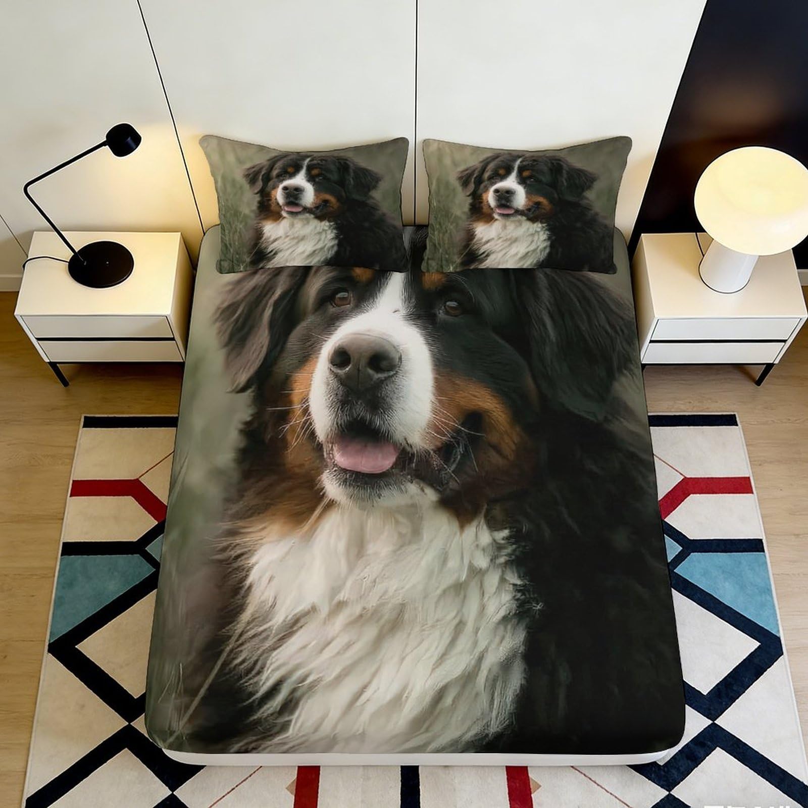 3D Printed Bernese Mountain Dog Fitted Sheet Microfiber Non-Slip Pet Portrait Mattress Cover for Bedroom Decor 90x200x25cm