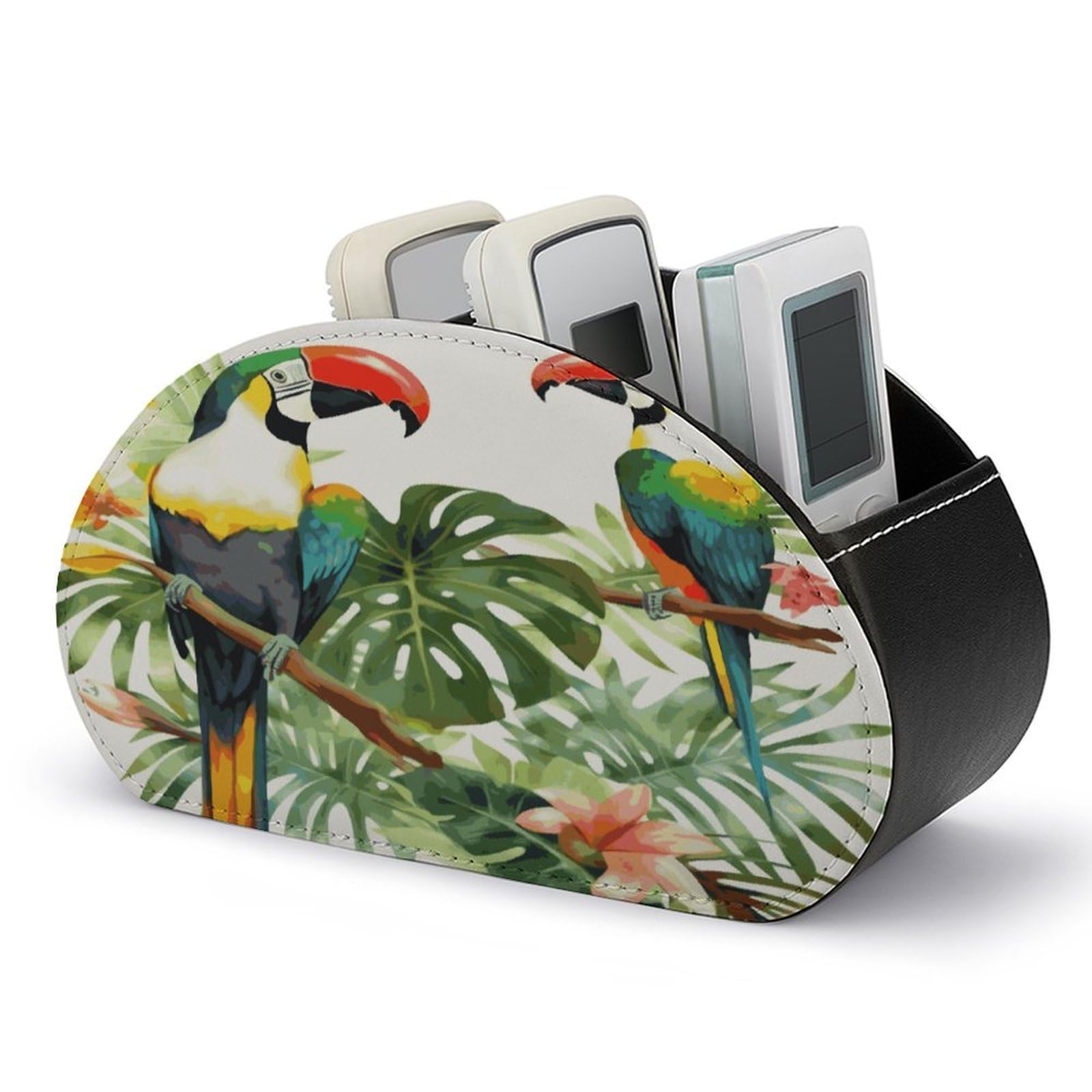 FekiLoot Toucans Parrot Palm Tree Leaves Remote Control Holder, PU Leather Remote Control Organizer Box Stationery Remote Control Box Desk Storage Organizer for DVDs,Glasses,Pens,Media Players