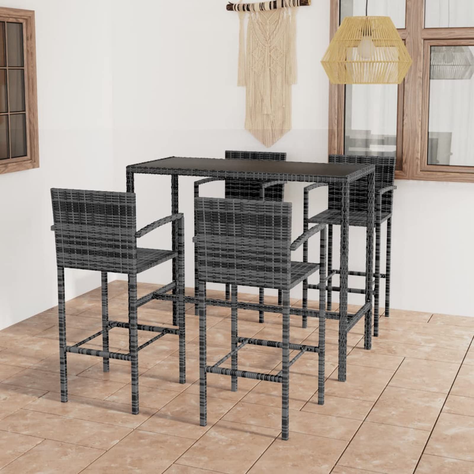 Gecheer Set da Bar da Giardino 5 pz in Polyrattan Grigio,Tavolo Alto, Set di Tavolo e Sgabelli da Bar,Tavolo con Sedie Alto,Set da Balcone,Piano del Tavolo in Vetro temperato