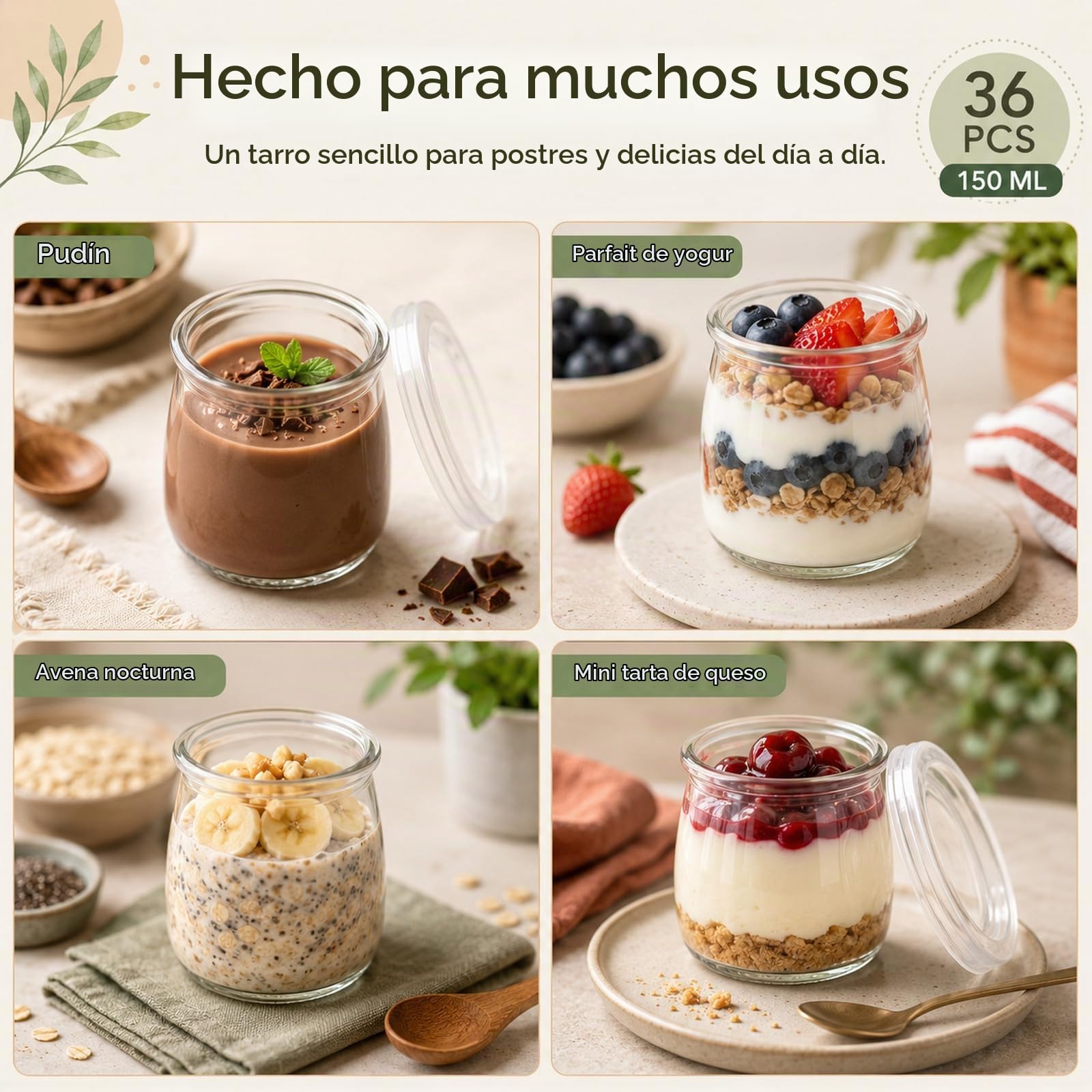 JMIATRY 36 Vasos Yogurtera Con Tapa 150 ml, Vasos Yogurtera, Botes de Cristal con Tapa pare Yogures, Postres y Natillas