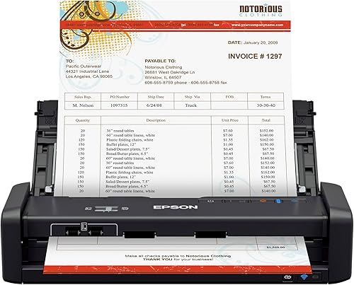 Epson ES-300WR Escáner de documentos dúplex portátil a color inalámbrico Edición contable para PC y Mac, alimentador automático de documentos (ADF)