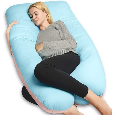 QUEEN ROSE 55in Pregnancy Pillow, U-Shaped Full Body Pillow for Back Support with Satin Cover for Anyone,Blue and Pink