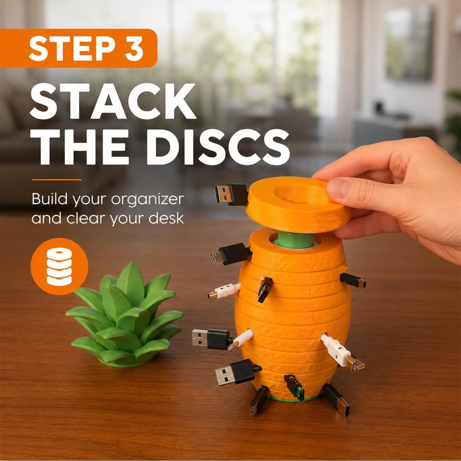 Organizador de Cables Modular con Forma de piña Impreso en 3D (2set) | Protector de cables a prueba de mascotas, almacenamiento de escritorio extraíble, 7 discos enrolladores de cables apilables