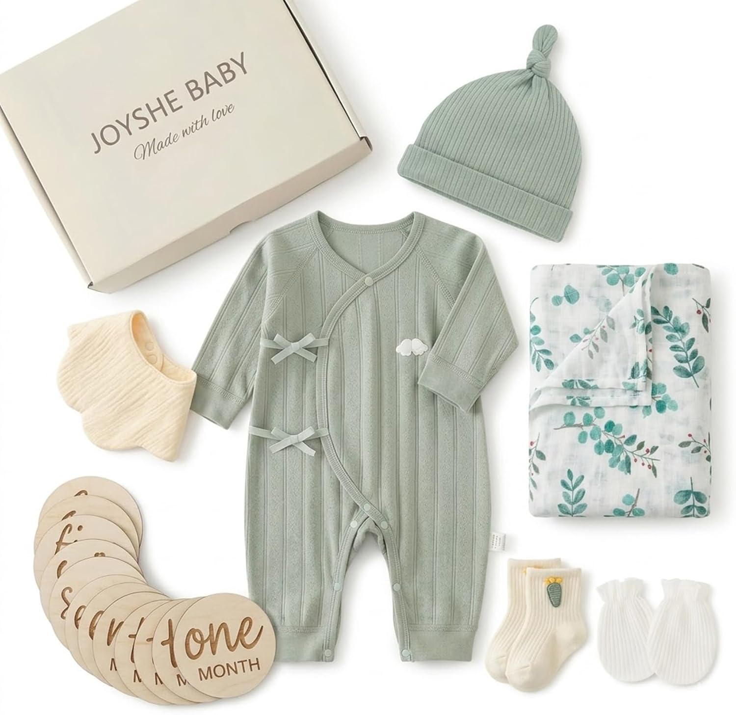 BABY Complete Newborn Essentials Gift Set Box- Aesthetic Gender Neutral Baby Clothes & Milestone Cards - (Sage Green)