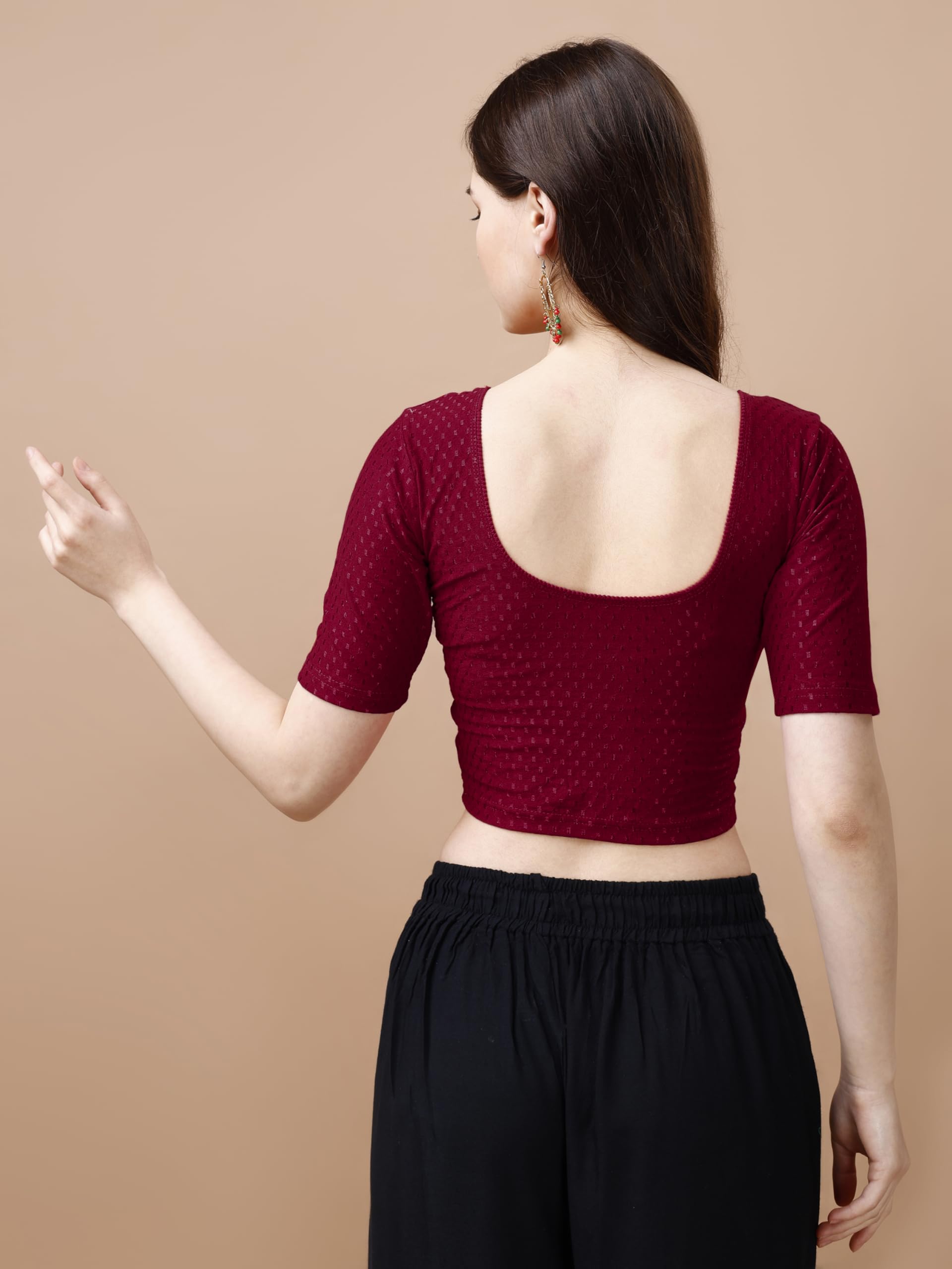 Pujia Mills Women's Readymade Dobby Cotton Lycra Stretchable Round Neck Half Sleeve Blouse Fancy Maroon Color Lycra Stretchable Blouse For Women Stylish Readymade Saree Blouse