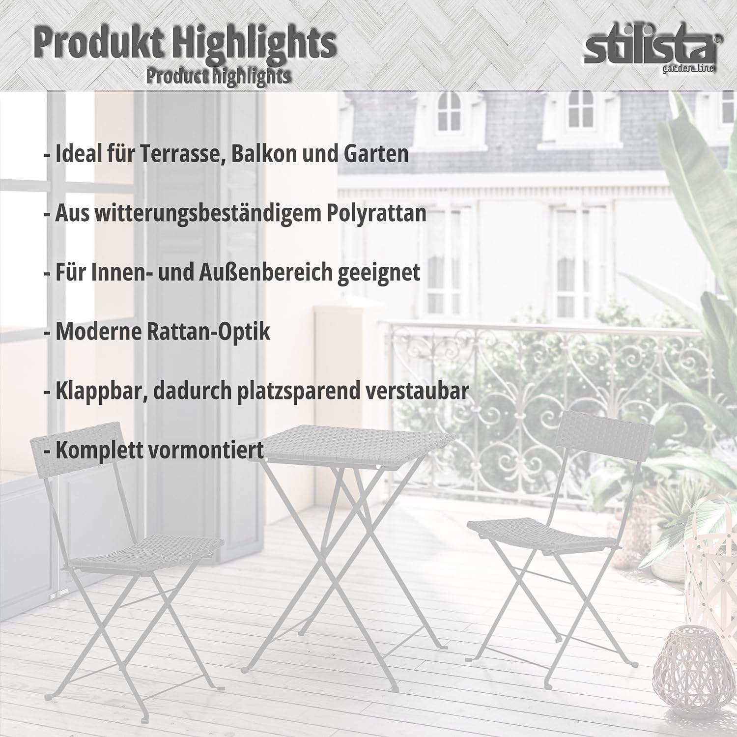 STILISTA Bistro-Set 3-teilig aus Polyrattan 1x Tisch + 2X Stuhl, klappbar in schwarz