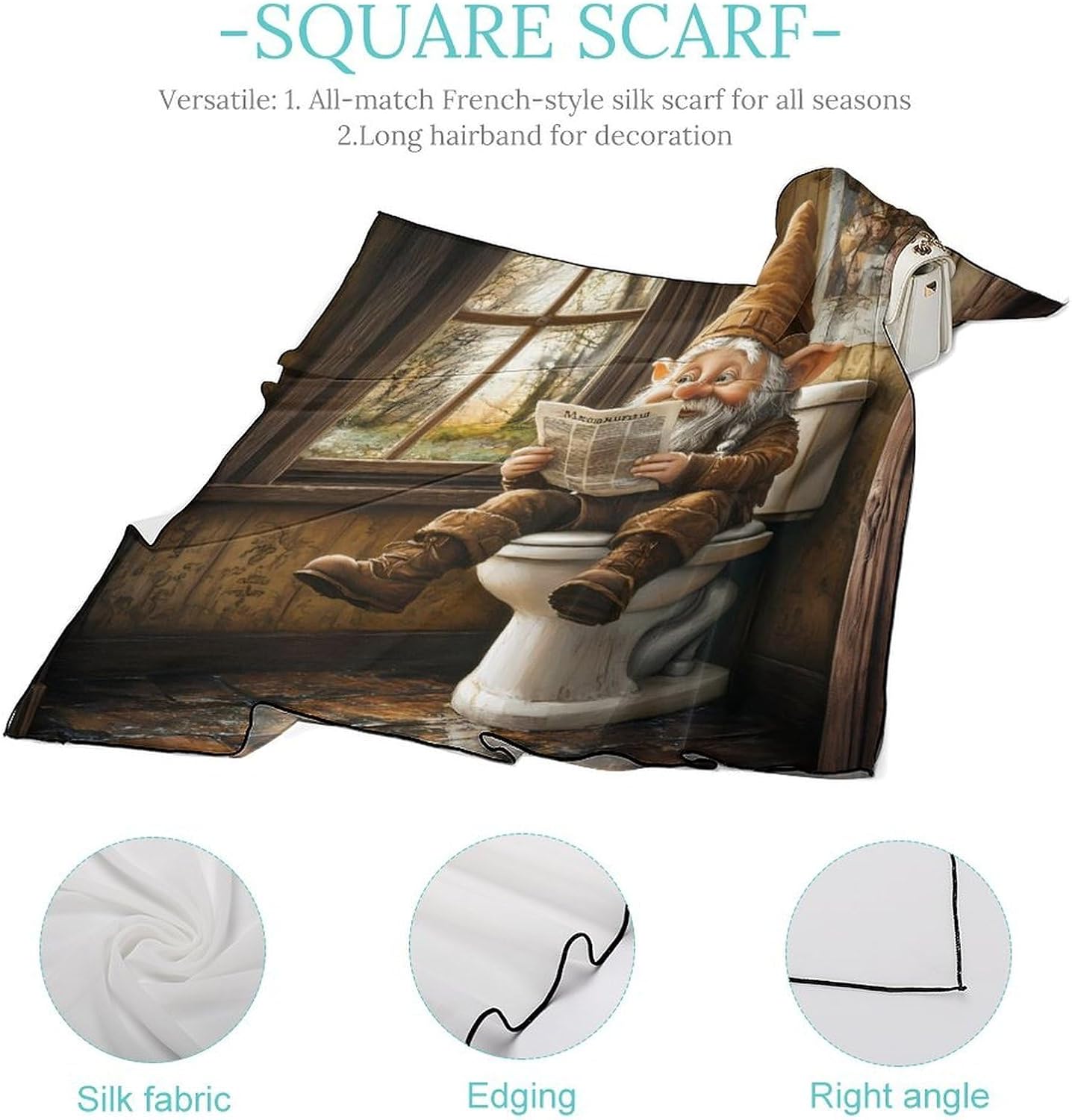 Dwarf Sitting in Toilet Reading Newspaper Bandana Fashion Head Scarf Square Silk Scarf Print Neck Hair Scarfs for Women Men Gifts