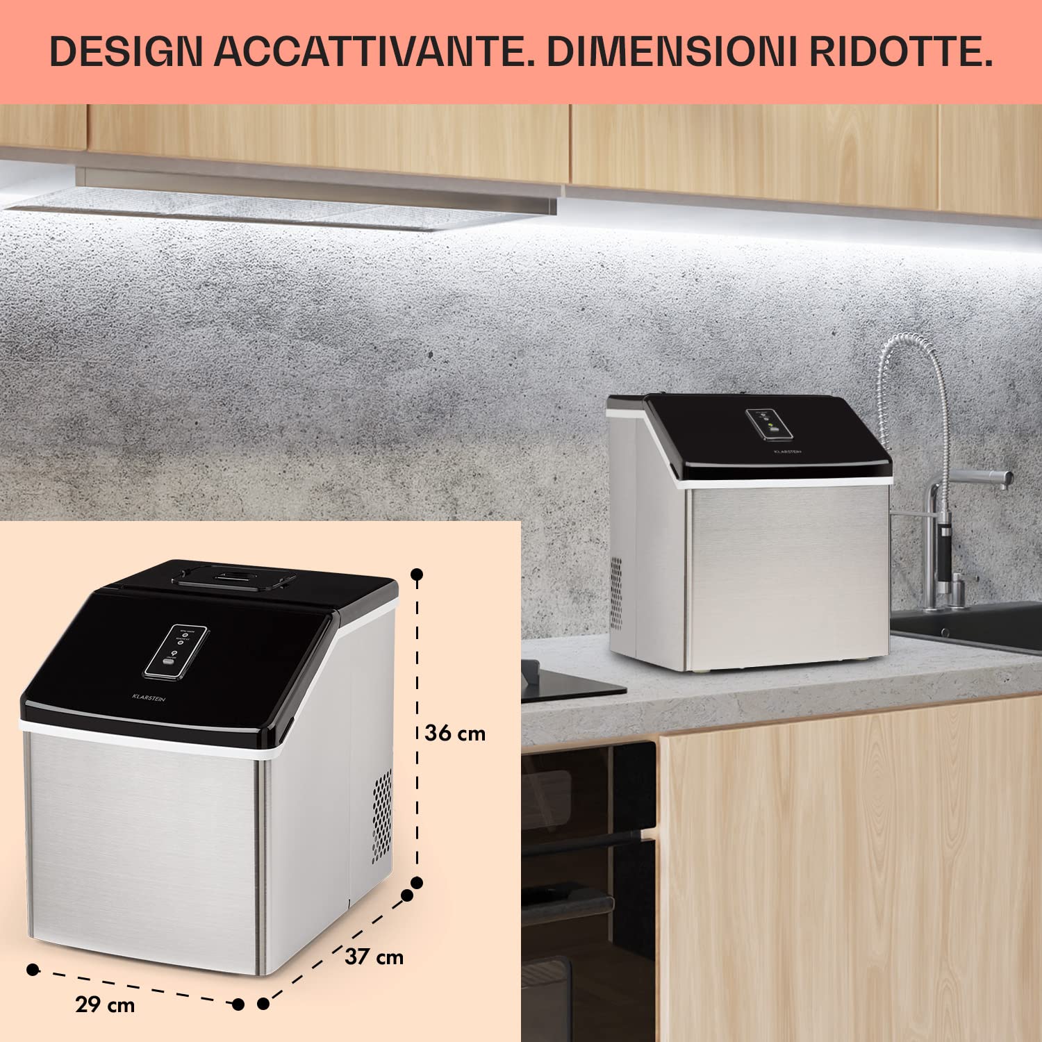 Klarstein Macchina Ghiaccio 2.5L, Macchina del Ghiaccio Professionale, Fabbricatore Secco Alimentare per Cocktail 13kg, Cubetti Trasparenti di Medie Dimensioni, Casa