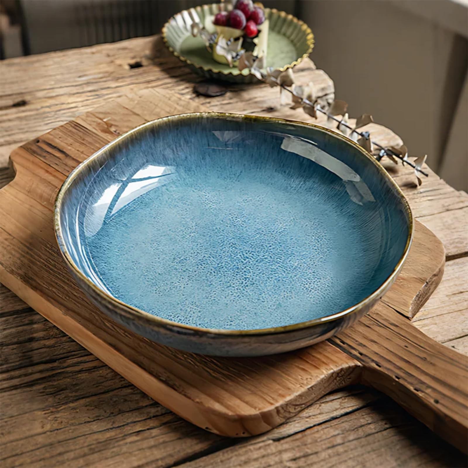 Assiettes à Salade En Céramique, Assiettes à Dessert Irrégulières en Porcelaine Bleue, Assiettes à Salade Et à Pâtes Allant au Micro-Ondes et au Lave-Vaisselle (Azuré)