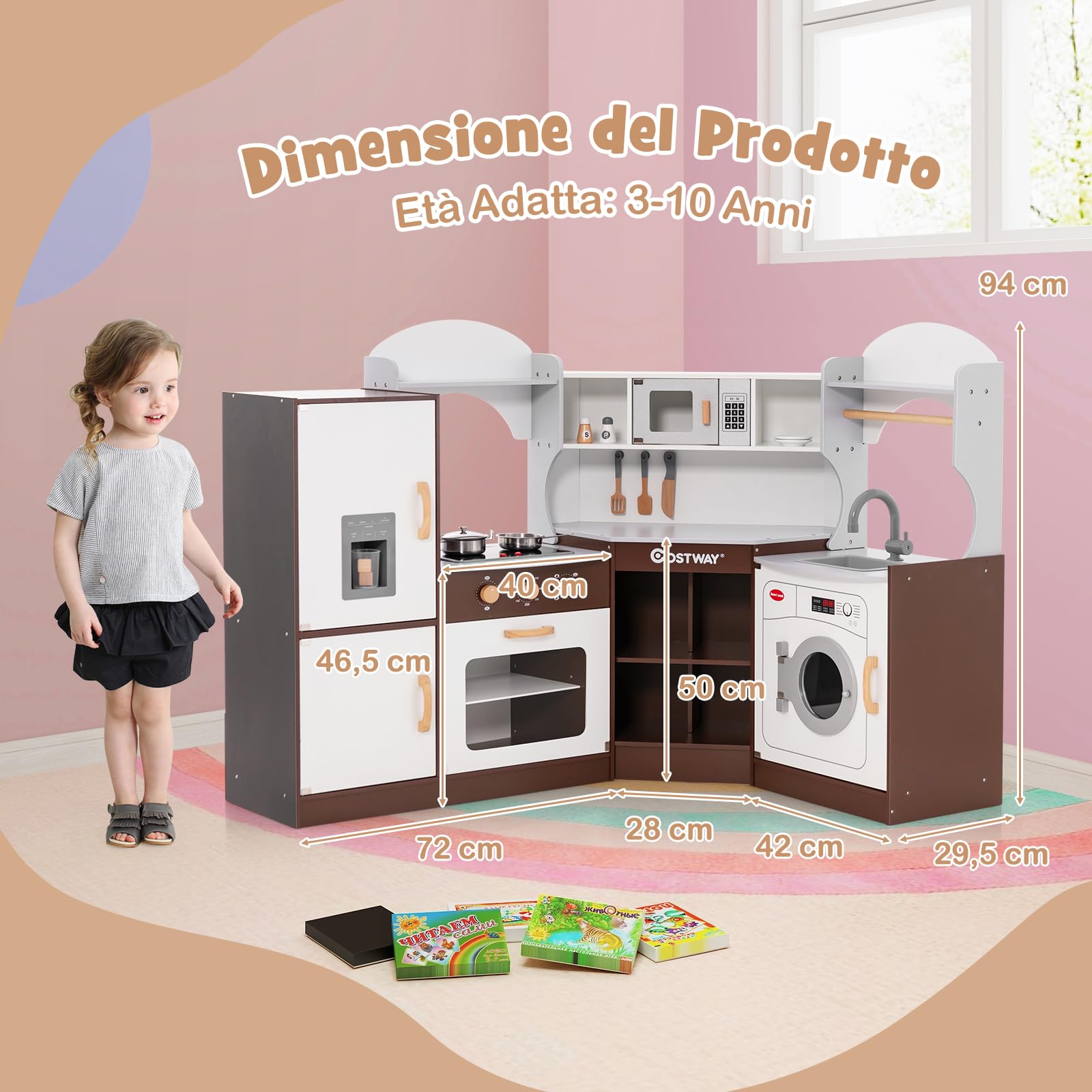 COSTWAY Cucina Giocattolo in Legno con Macchina di Ghiaccio e Accessori | Set Cucina Giocattolo con Microonde, Forno, Lavello, Lavatrice, Effetti Sonori e Luminosi per Bambini 3 Anni+